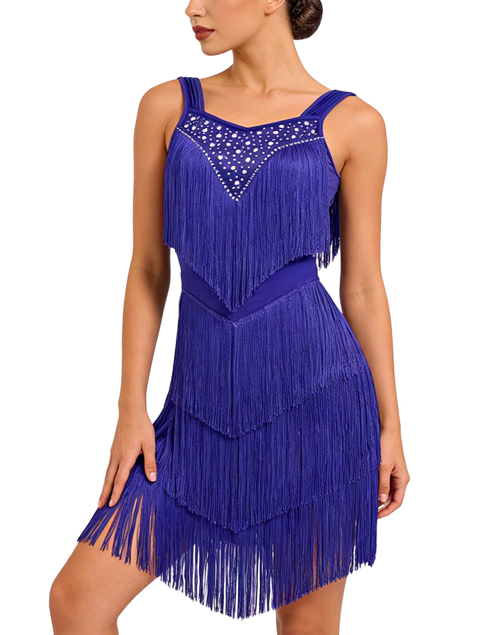 Robe de danse latine pour femme - Robe de danse avec franges - Robe de salsa pour femme - Robe de bal sexy à paillettes - Robe courte pour Rumba Cha Cha Cha Compétition Entraînement Fête
