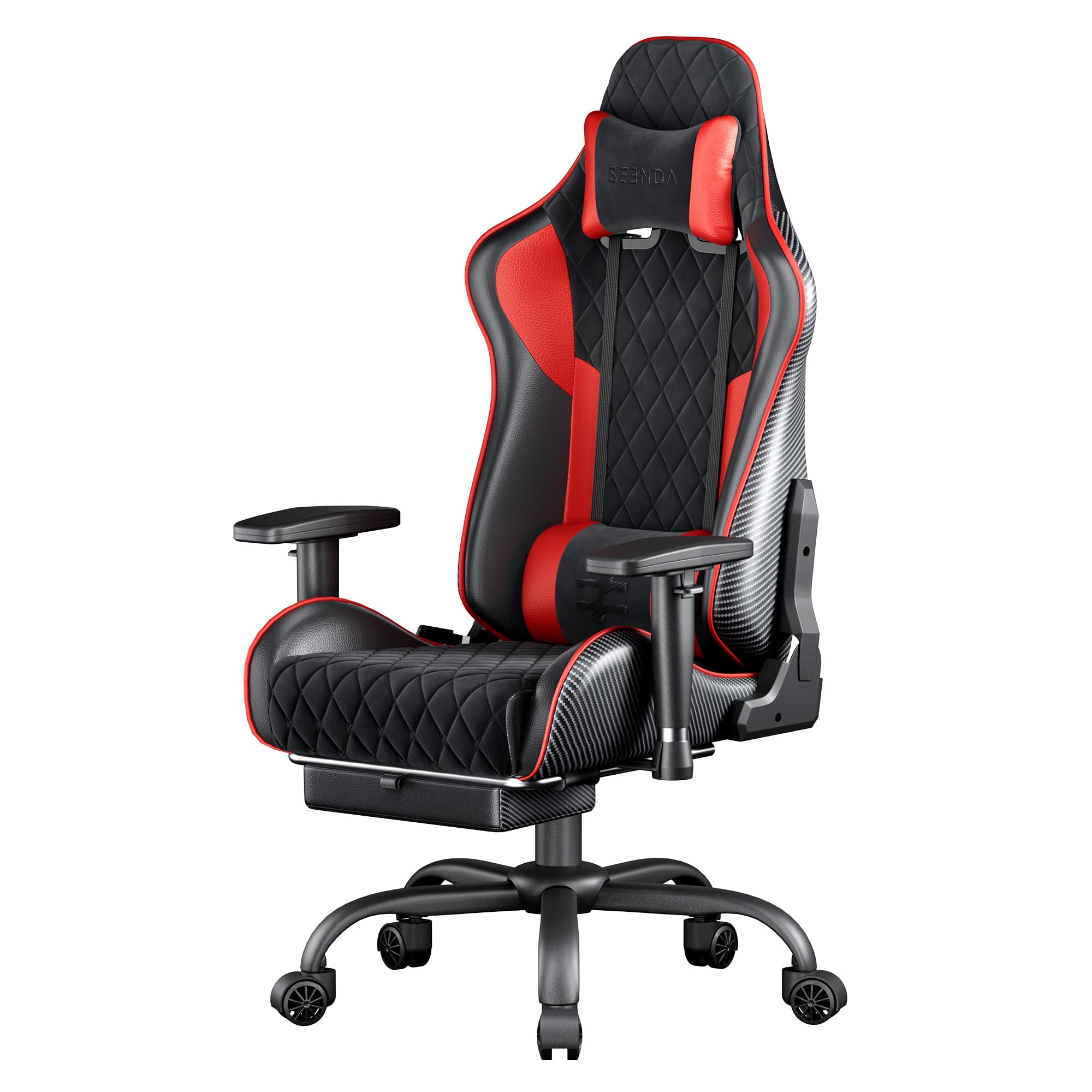 seenda GCPro-10 Ergonomischer Gaming Stuhl & Bürostuhl | 150 kg Vollmetall-Rahmen, 145° Neigung mit Fußstütze, 2D Armlehnen, Lendenwirbelstütze, High-Density Schaum, Carbon Design