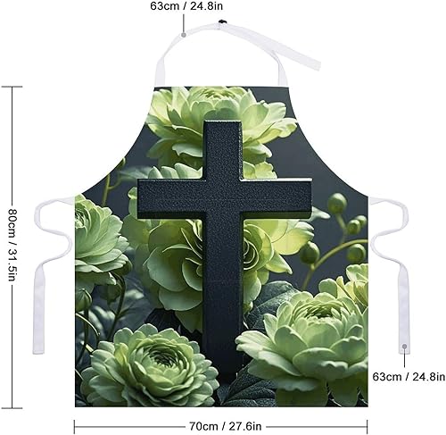 Miniatura 2 de MUSM Apron for Adults - 27.6 X 31.5 Inch, Heavy-Duty Polyester Aprons with Two Large Pockets, Waterproof Black Cross Among Green Flowers Kitchen