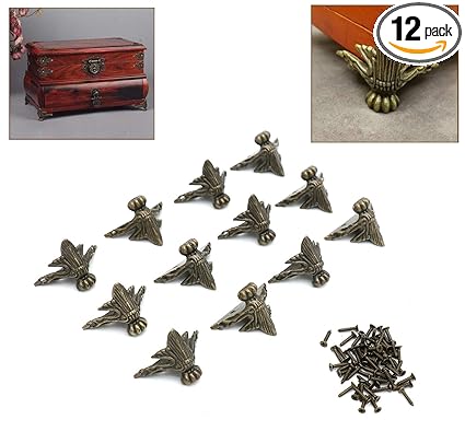 Anmeilexst 12 Pcs Vintage Bronze Foot Wooden Box, Gift Box, Jewelry Box Leg Foot Corner Protector (Contains Bronze Screws)
