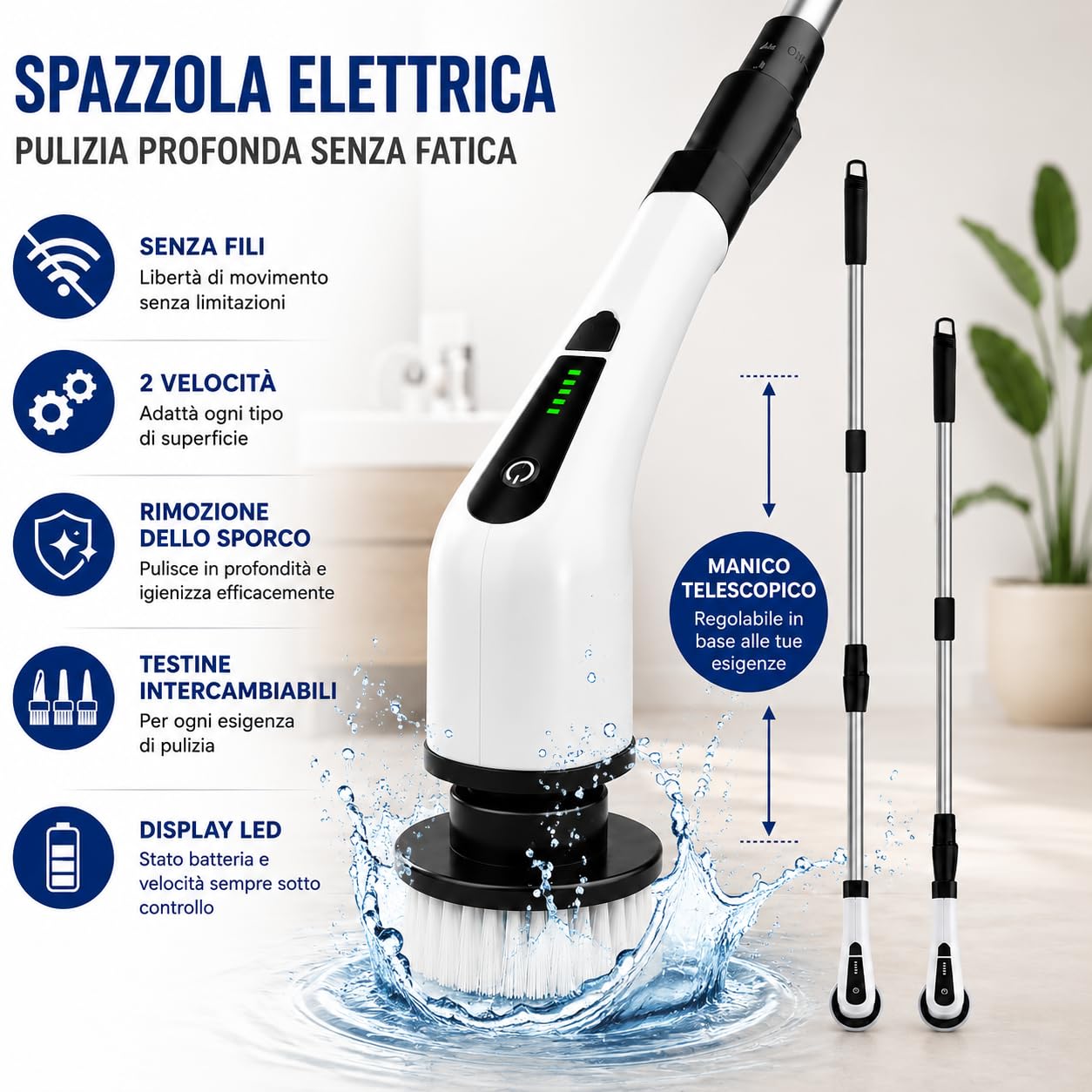 Spazzola Elettrica Rotante Senza Fili con Ricarica USB-C, 8 Testine Intercambiabili, Manico Telescopico Regolabile, Spazzola Elettrica per Bagno, Doccia, Cucina, Pavimenti e Auto