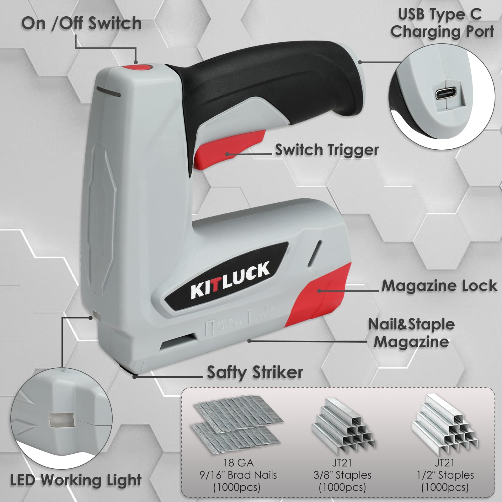 KITLUCK Pinzatrice elettrica senza fili 2 in 1, kit di chiodatrice elettrica ricaricabile USB da 4 V, batteria da 2000 mAh con 2000 punti metallici e 1000 chiodi, cucitrice elettrica portatile per