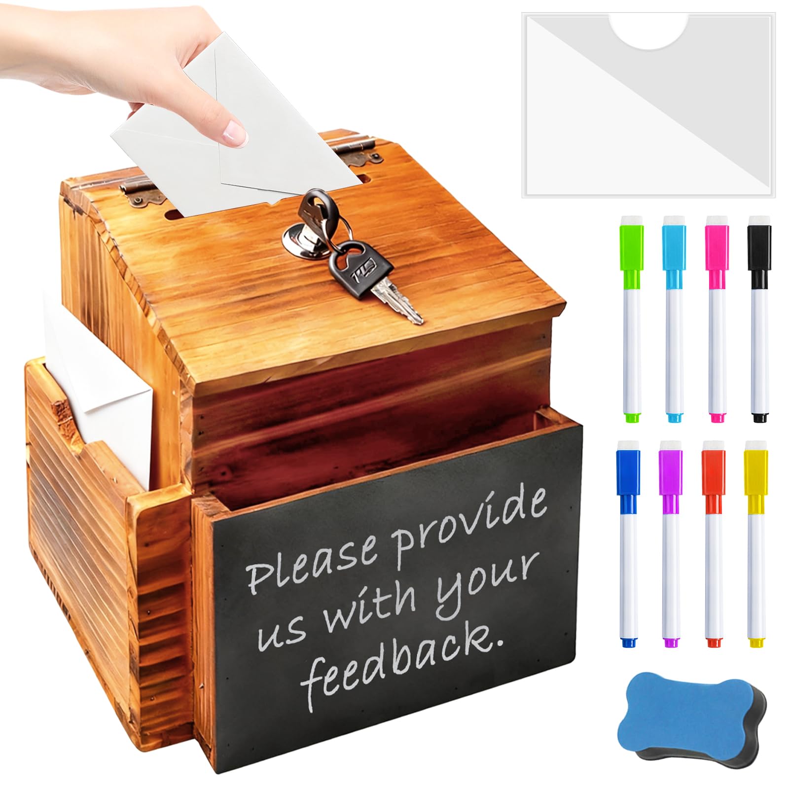 Caja de madera para sugerencias, 20,3 x 15 x 27 cm, caja de donación con cerradura, lápiz de pizarra de 8 colores y borrador no magnético, buzón de madera para escuela, oficina, hospital, propuesta