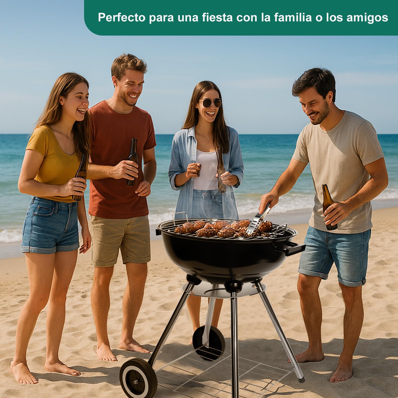 HYCHIKA Barbacoa de Carbón Redonda, Ø47cm 18pulgada Parrilla Compacta con Tapa y Ruedas para Jardín, Balcón y Camping