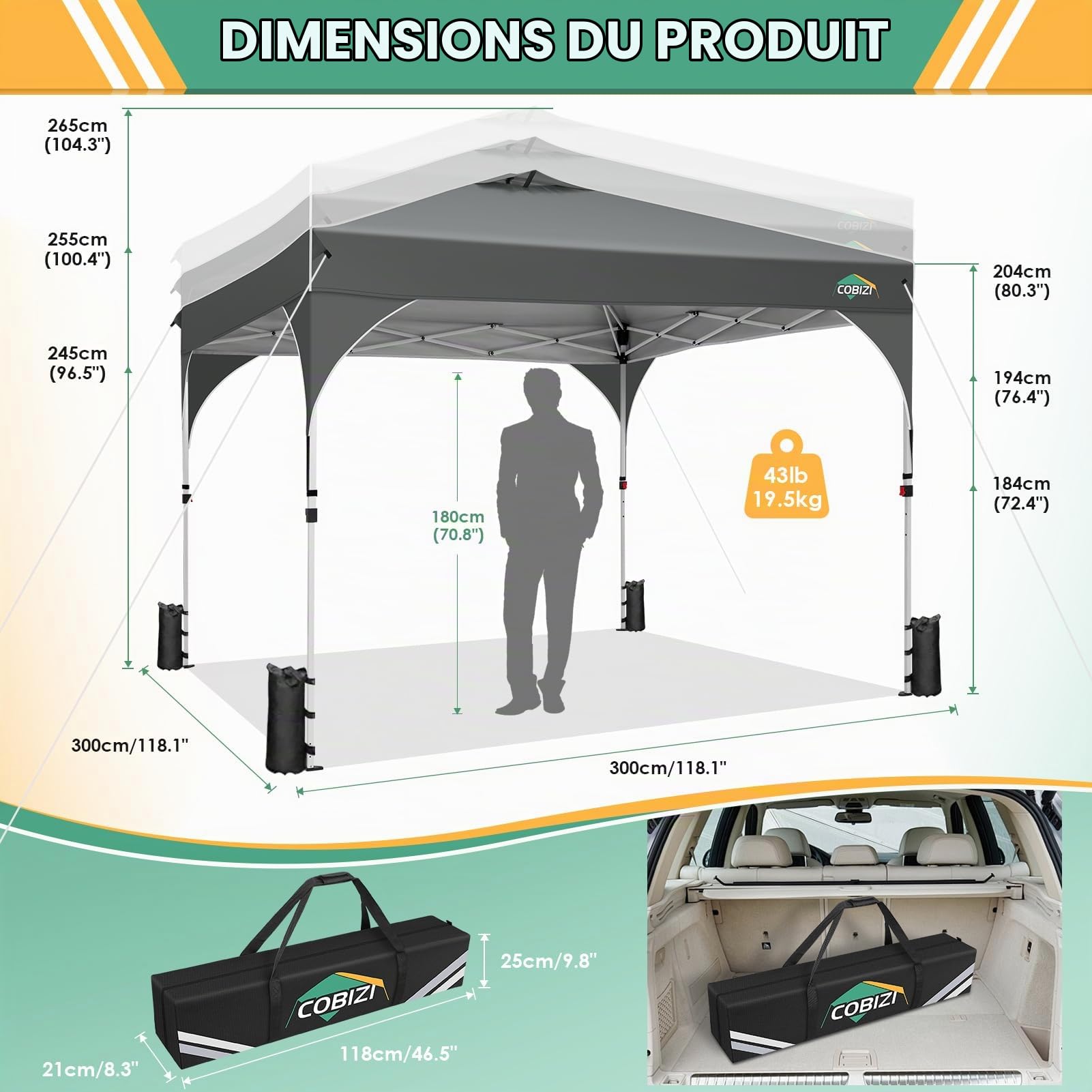 COBIZI Tonnelle Pliante 3x3 Imperméable Tonnelle De Jardin Exterieur, 3 Panneaux Latéraux, Tonnelle Pliante Imperméable, Convient pour Le Camping, Les Festivals, Gris