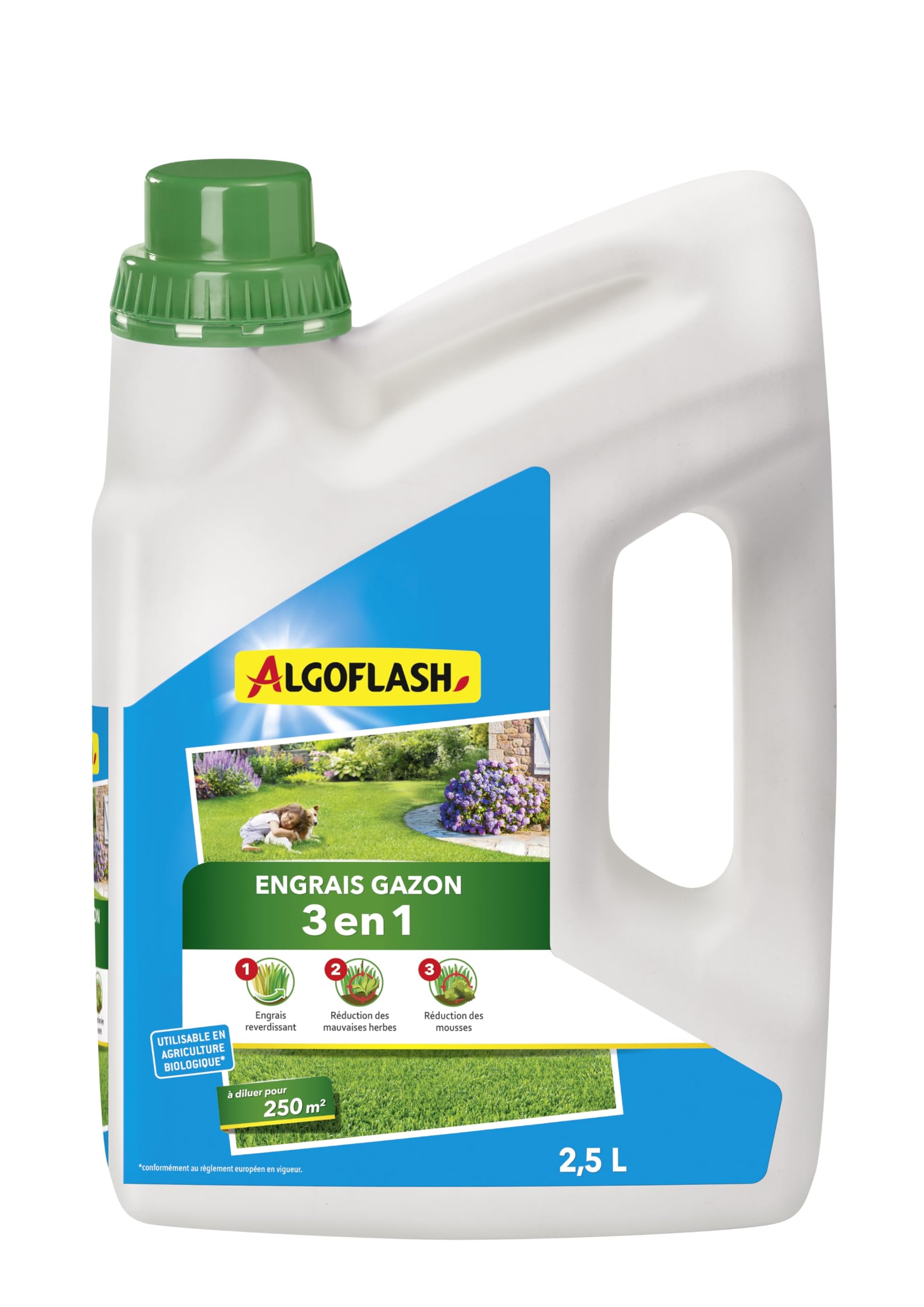 Algoflash Engrais Gazon Liquide 3 en 1 à diluer, Utilisable en Agriculture Biologique - 2,5 L, Marron
