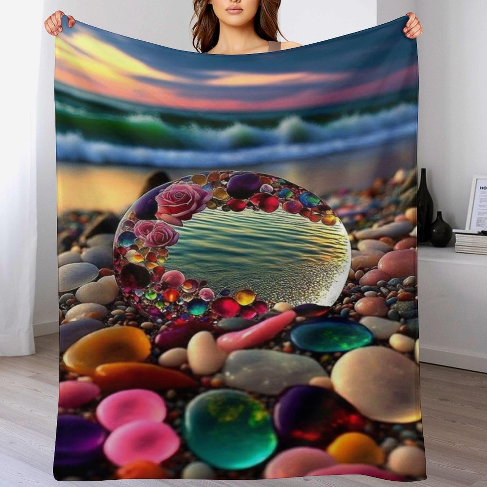 Stone Beach Blanket for Kids Boys Girls Bedroom Decor And Throws Soft Comfortable Flannel Blankets 3D Printed, （100×130cm）
