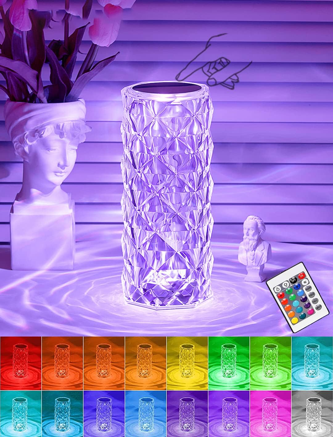 Crystal Lamp, 16 Color Changing RGB Rechargeable Rose Crystal Table