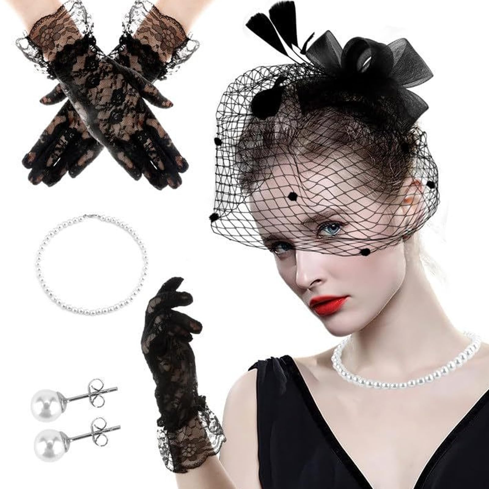 Slxlyh Women's Black Vintage Flapper Headwear For Cocktails Party With Gloves Ear Studs Mesh Fascinator Headpiece For Formal Occasion(Black)