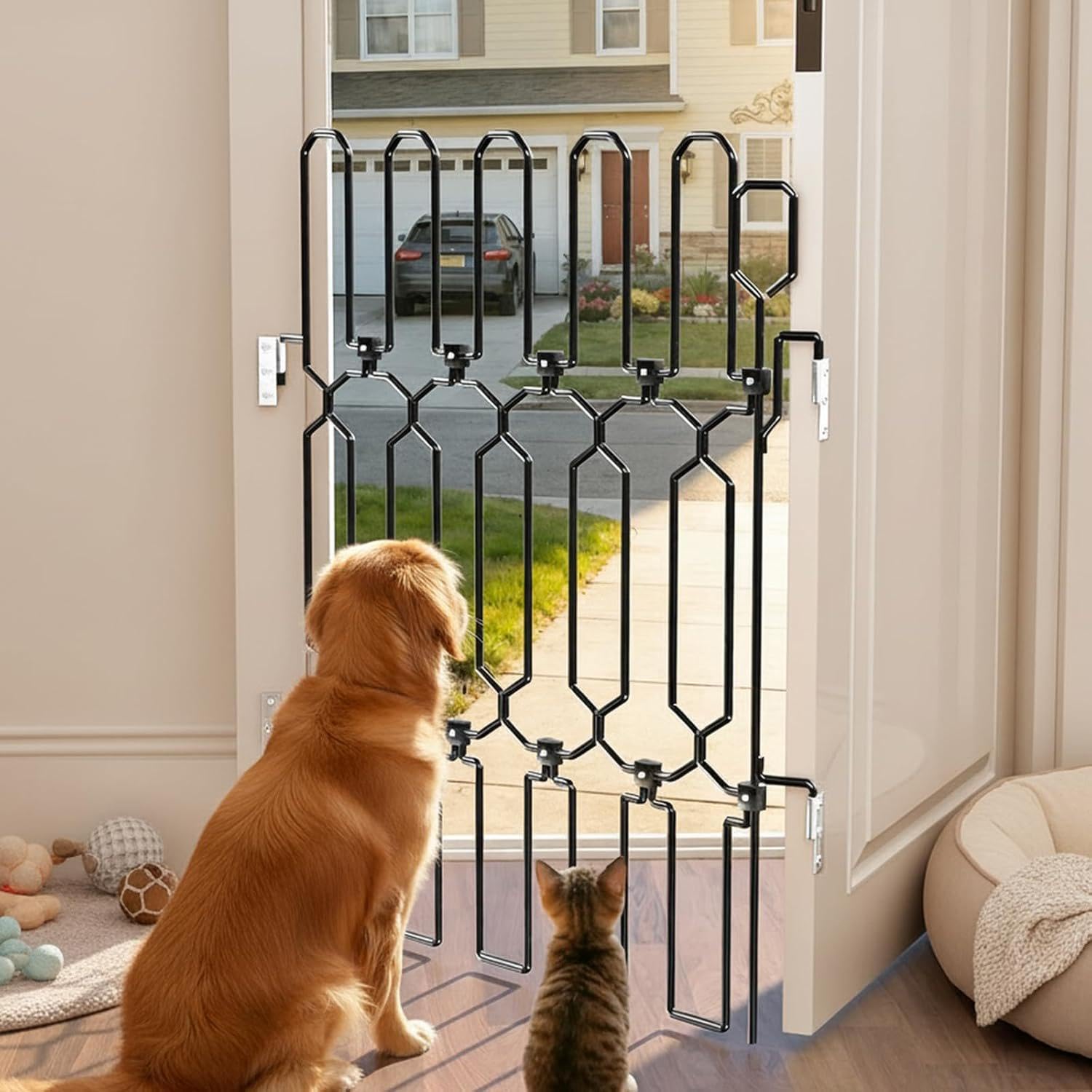 Retractable Metal Dog Gate for Front Doors & RVs, 30.7" Tall Bite-Proof Pet Dog Barrier, Space-Saving Wall-Mounted Front Door Gate for Indoor Use,Black-25.2in x 30.7in