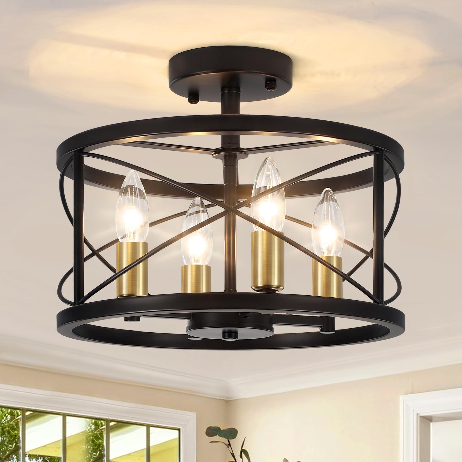 TOULMJ 4-Light Modern Ceiling Light, Black Gold Semi Flush Mount Ceiling Lighting, Hallway Light Fixtures for Kitchen Island Entryway Laundry Room Foyer