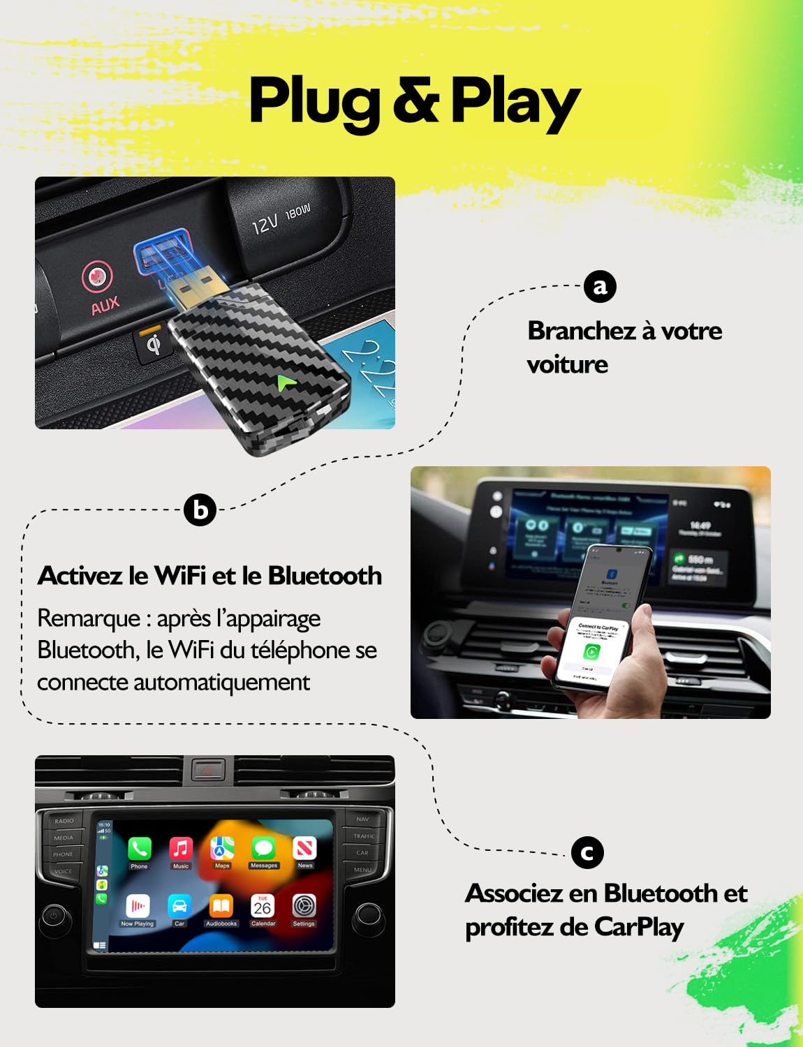 Adaptateur CarPlay sans Fil - Design Élégant Version 2025 la Plus Récentes, Mini et Stable, Plug & Play, Compatible iPhone iOS 10+ et Voitures 2016 avec CarPlay Câblé