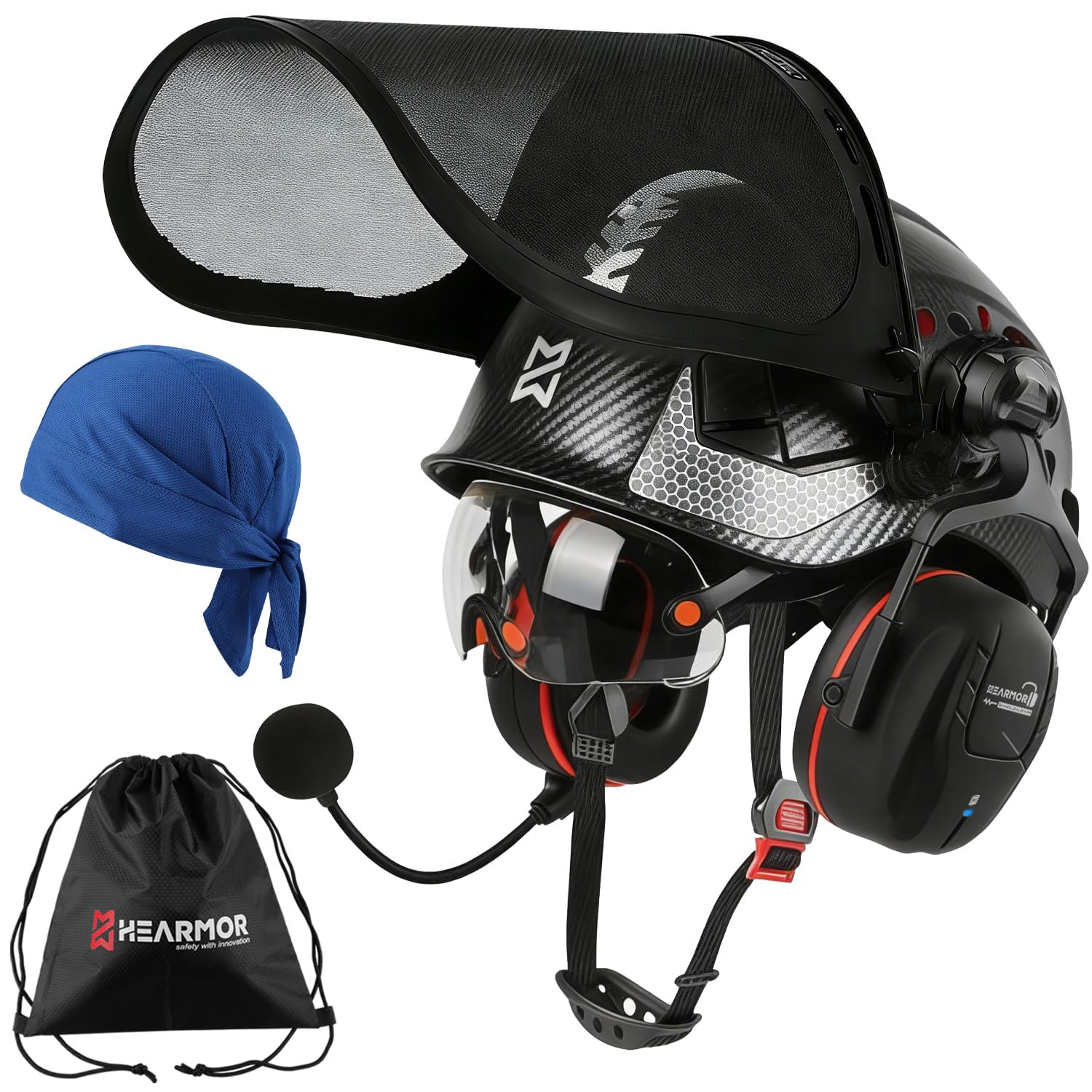 HEARMOR VOLTEK Forestry Safety Helmet Set, ABS Hard Hat with Bluetooth 5.3 Shield LD HM Ear Defenders, Full Head, Eye, Face & Hearing Protection, Shockproof Comfort Vented Design