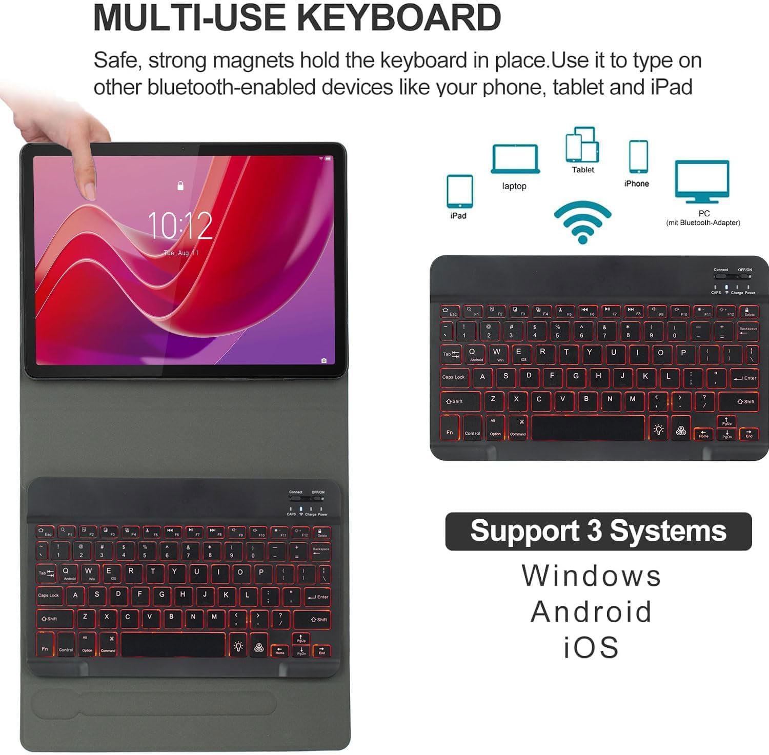 Keyboard Case for Lenovo Tab M11 11-Inch 2024 Model (TB330FU/TB330XU) Mouse and 7-Color Backlit Detachable Bluetooth Keyboard Ultra-Thin Multi-Angle Folio Bracket Cover,Black