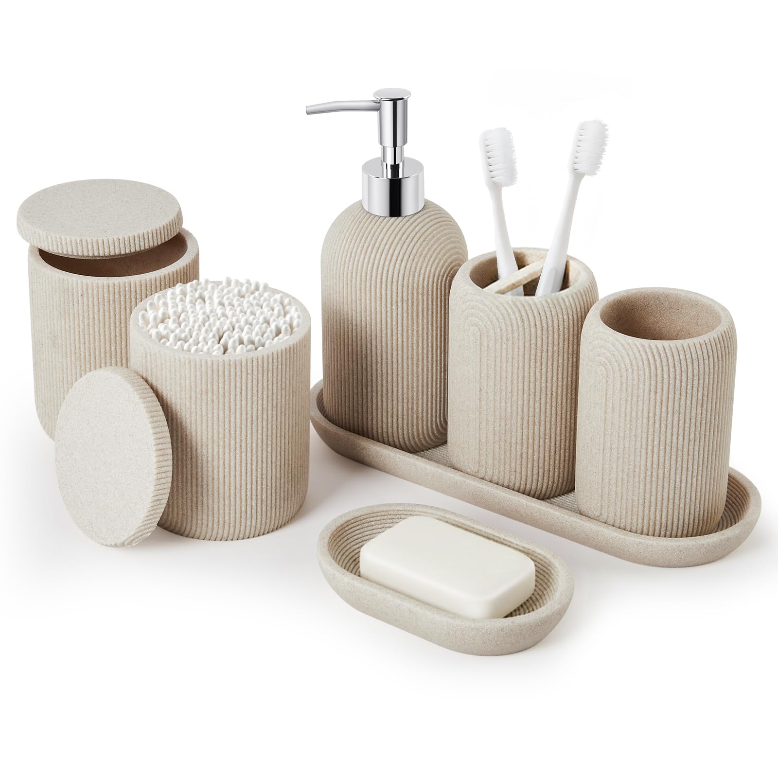 Ensemble d'accessoires de salle de bain 7 pièces en résine beige avec distributeur et plateau