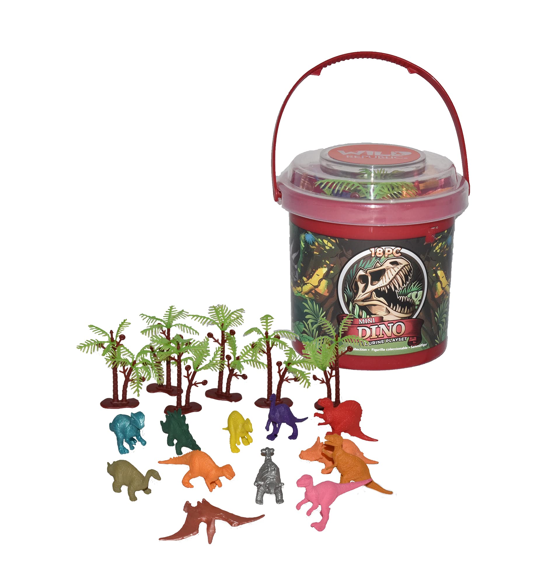Wild Republic Dinosaur Bucket, Dinosaur Figurines Set, T Rex, Triceratops, Velociraptor, Stegosaurus and more, 18-Piece