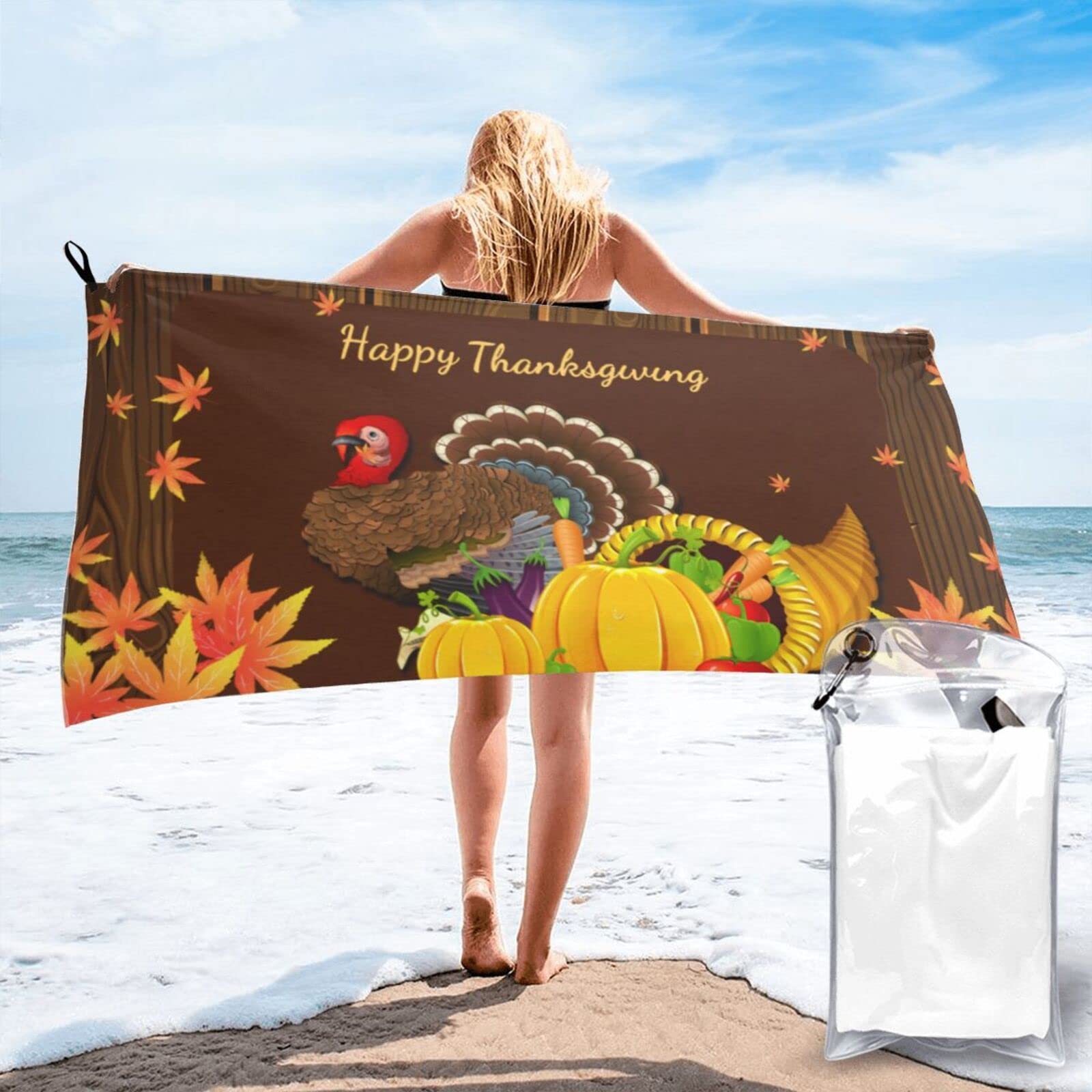 Lawenp Thanksgiving Day Microfiber Beach Towel Adults Large Quick Drying Bath Towel Travel Towels with Pouch 31.5"x63"