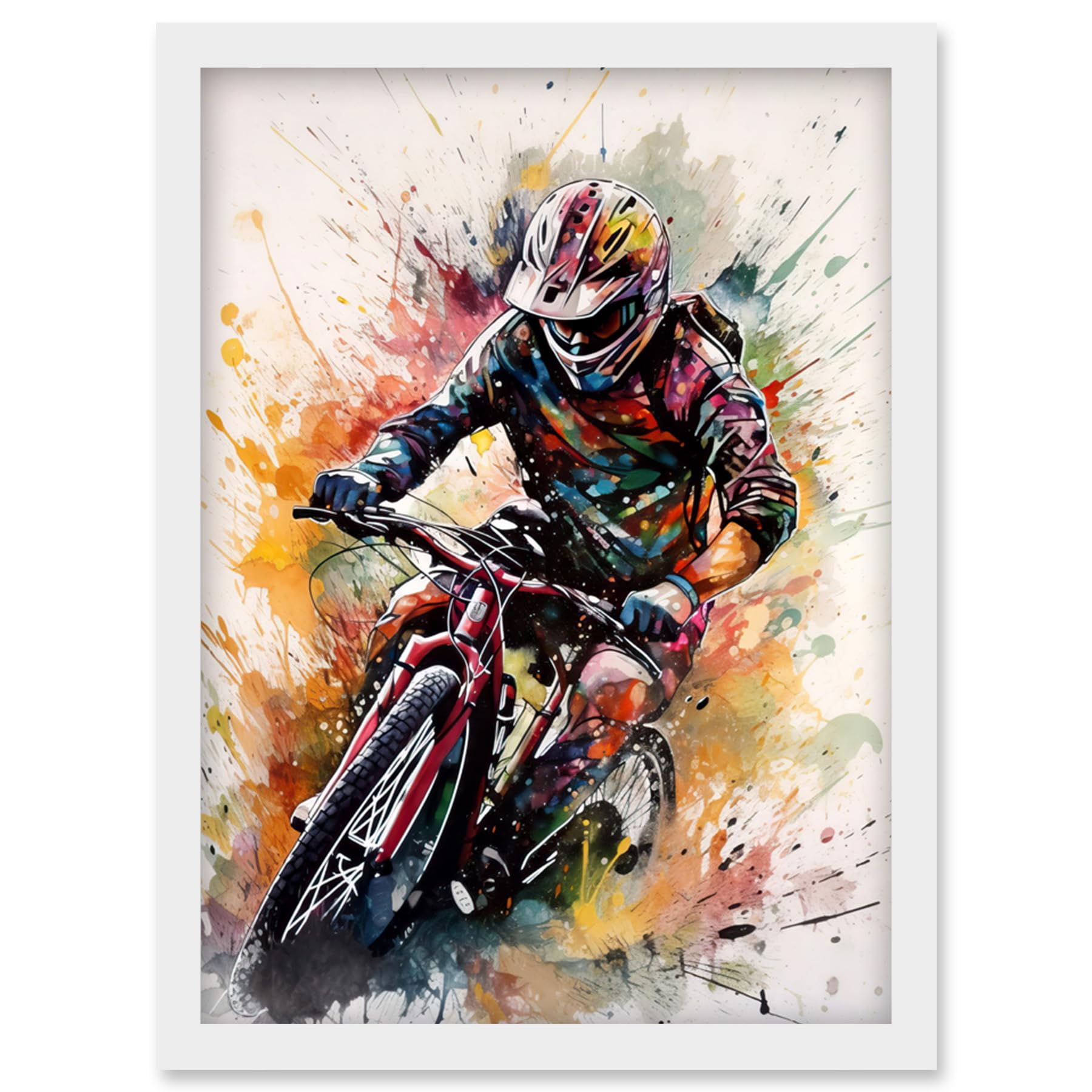 Artery8 Mountain Biker Action Shot Paint Splat Portrait Artwork Framed Wall Art Print A4