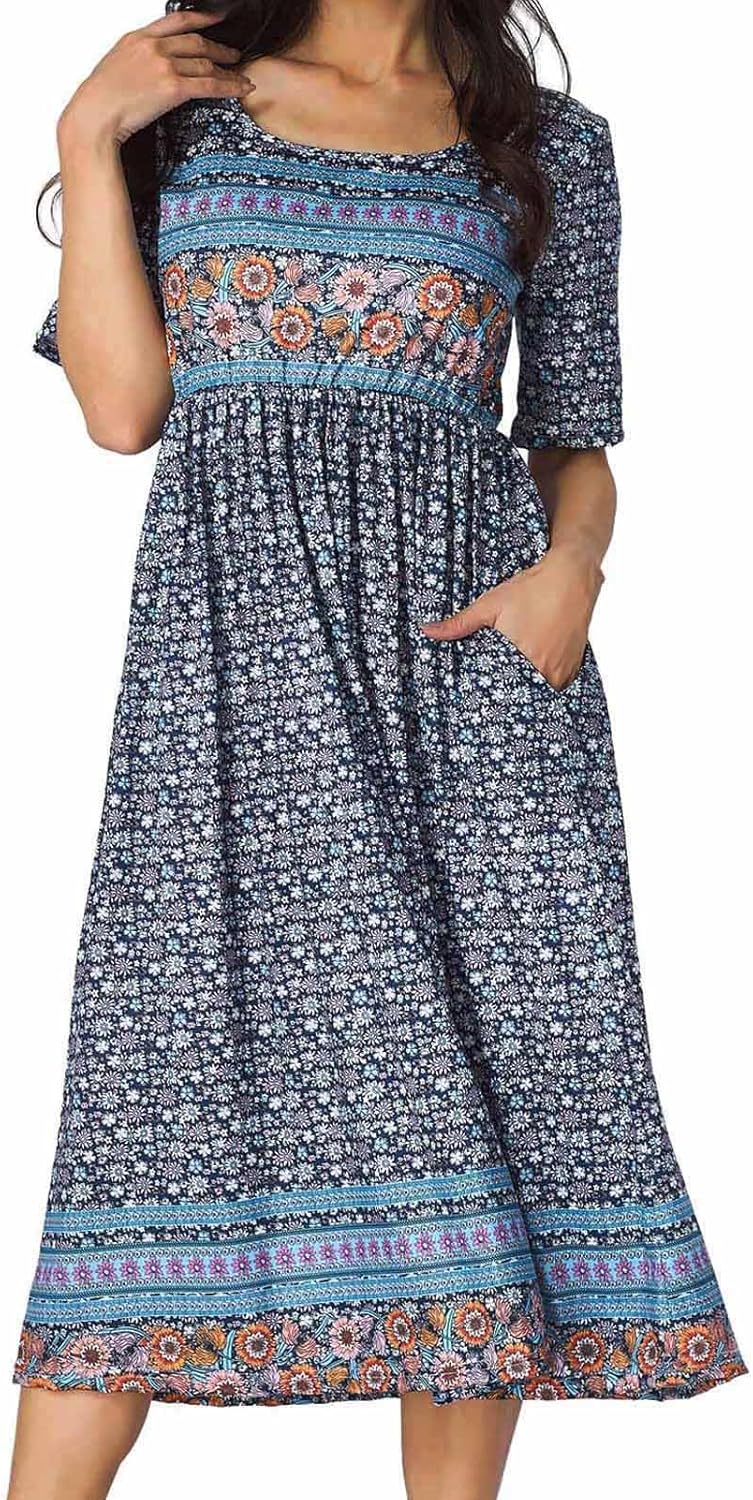 Women's Boho Floral Maxi Dress Casual Boho 2026 Summer Short Sleeve Beach Dresses with Pockets - Image 7