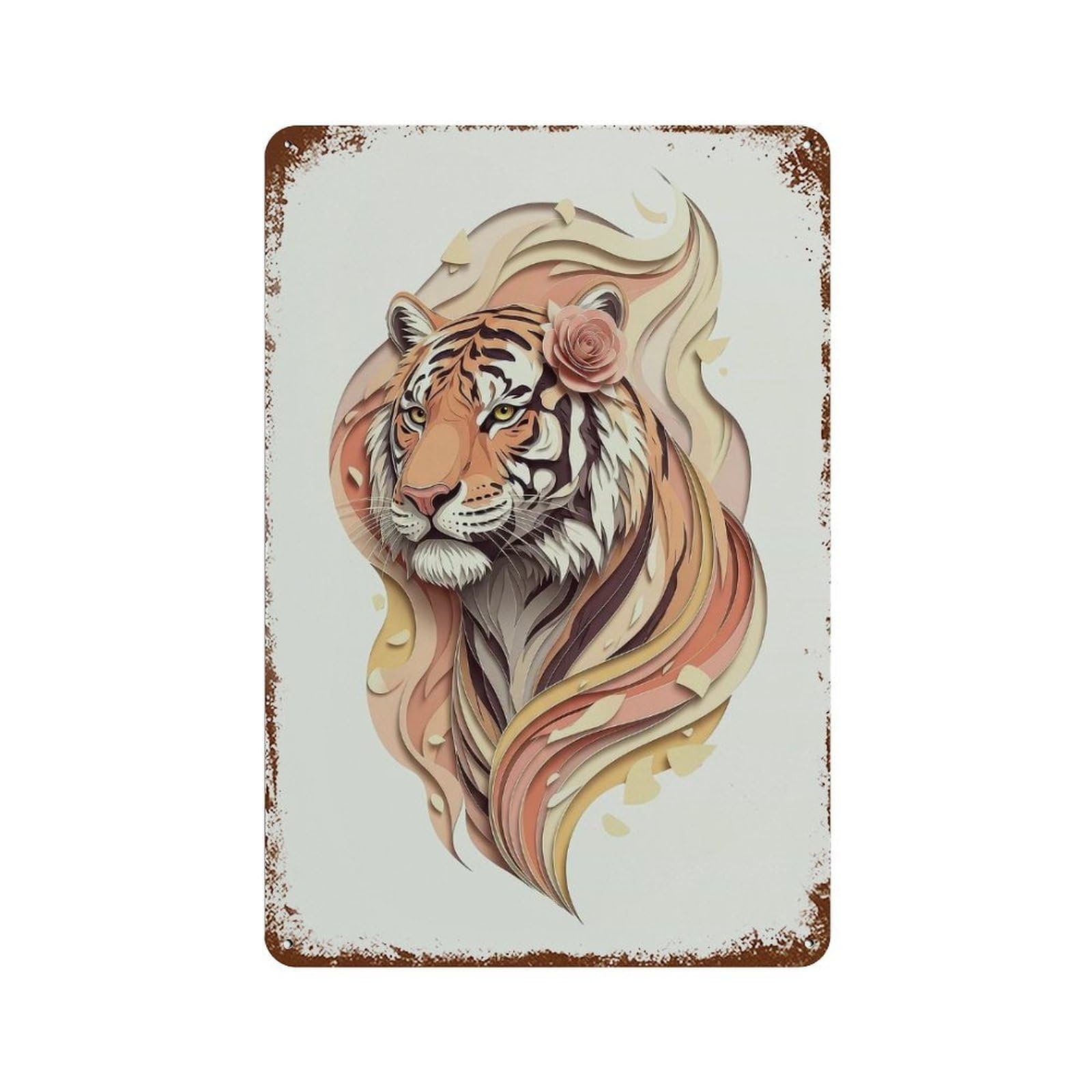 Elegant Tiger Portrait with Floral Accent Rust Effect Tin Sign 11.8"x7.9", Industrial Home Decor for Garage, Pub Or Kitchen