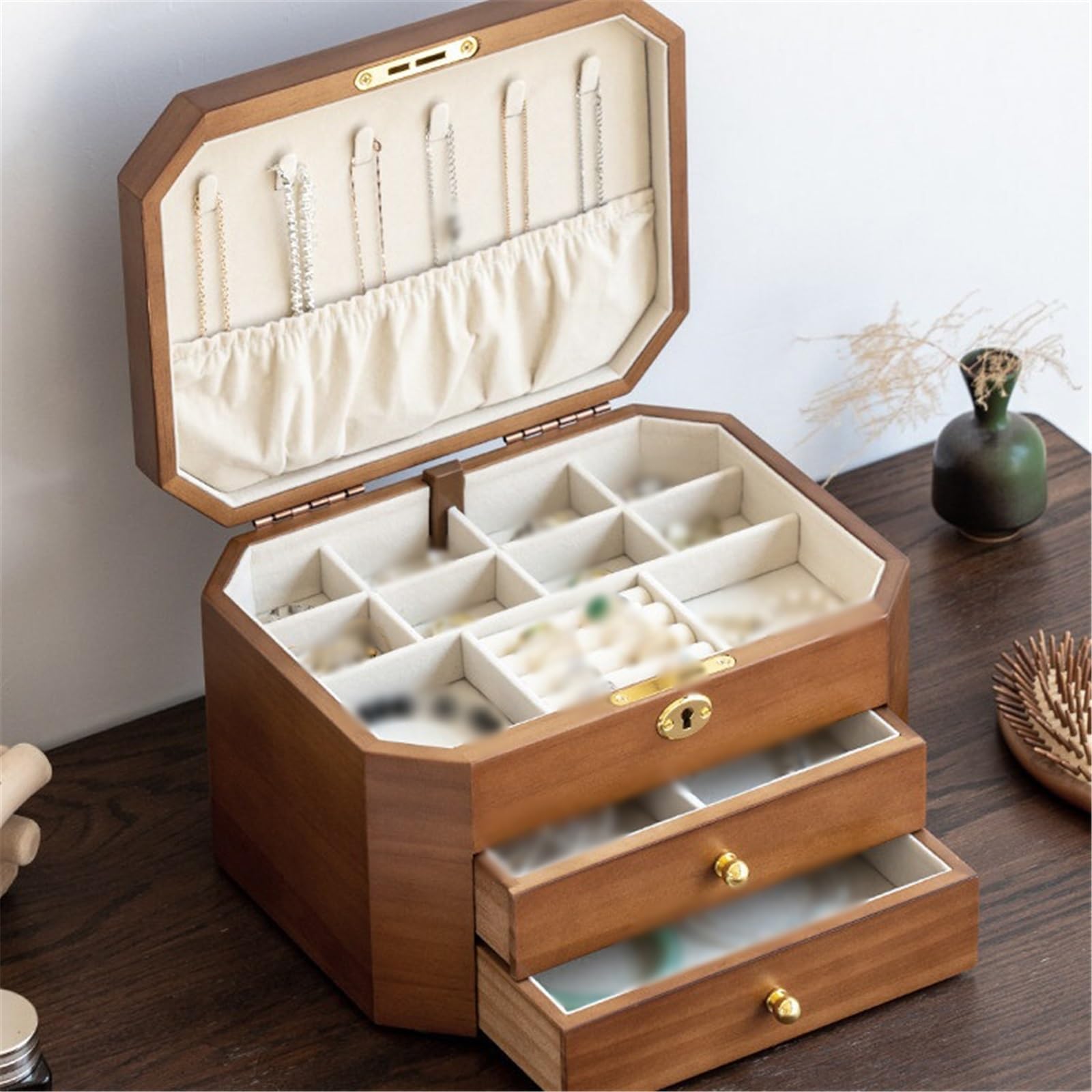 Soporte de joyería Caja de almacenamiento joyería madera vintage hexagonal