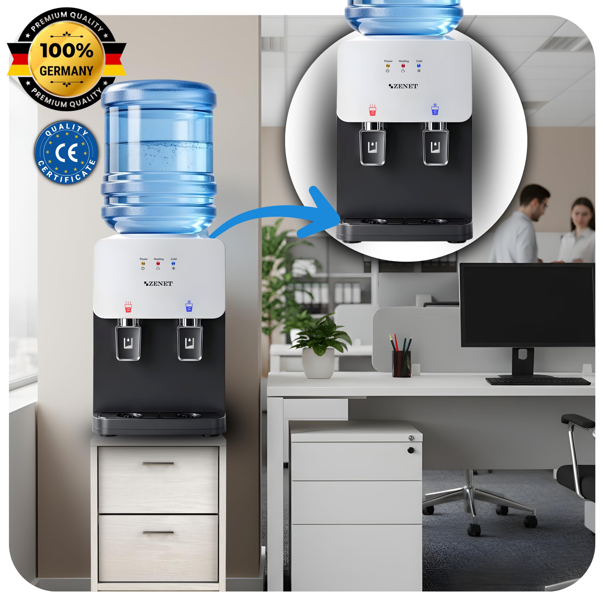 ZENET Wasserspender, Elektrischer Heiß- & Kaltwasserspender (Schwarz/Weiß) | Wasserkühler für Zuhause, Küchen und Büro, Klein Tisch-Wasserautomat mit Kühlung, Ohne Wasseranschluss, 19-20L Gallonen