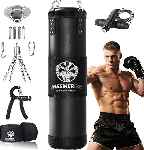 Mesmerize Saco de boxeo para adultos, juego de bolsa de boxeo pesada de 4 pies con envolturas de mano de boxeo de 197 pulgadas para artes marciales
