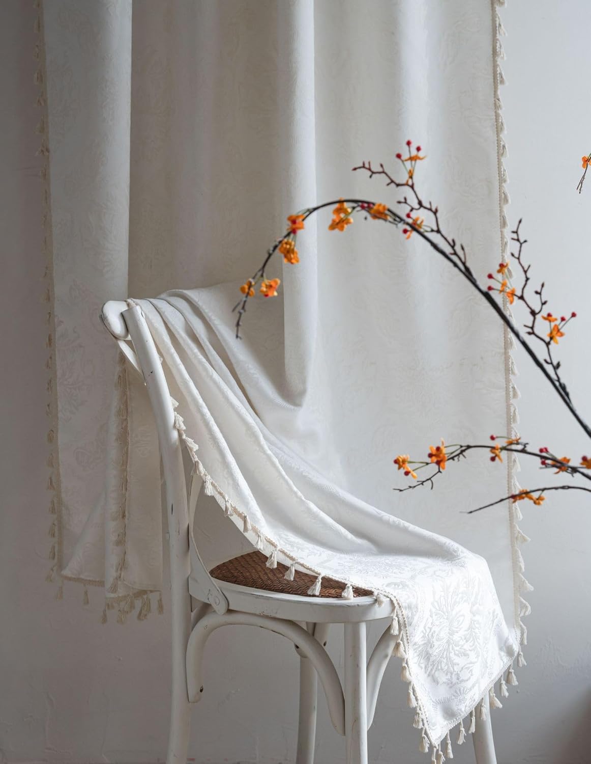 Boho Jacquard Curtain 71 Inches Long Semi Blackout Window Treatment European Vintage Floral Drape Tassels for Bedroom Living Room, 1 Panel, White