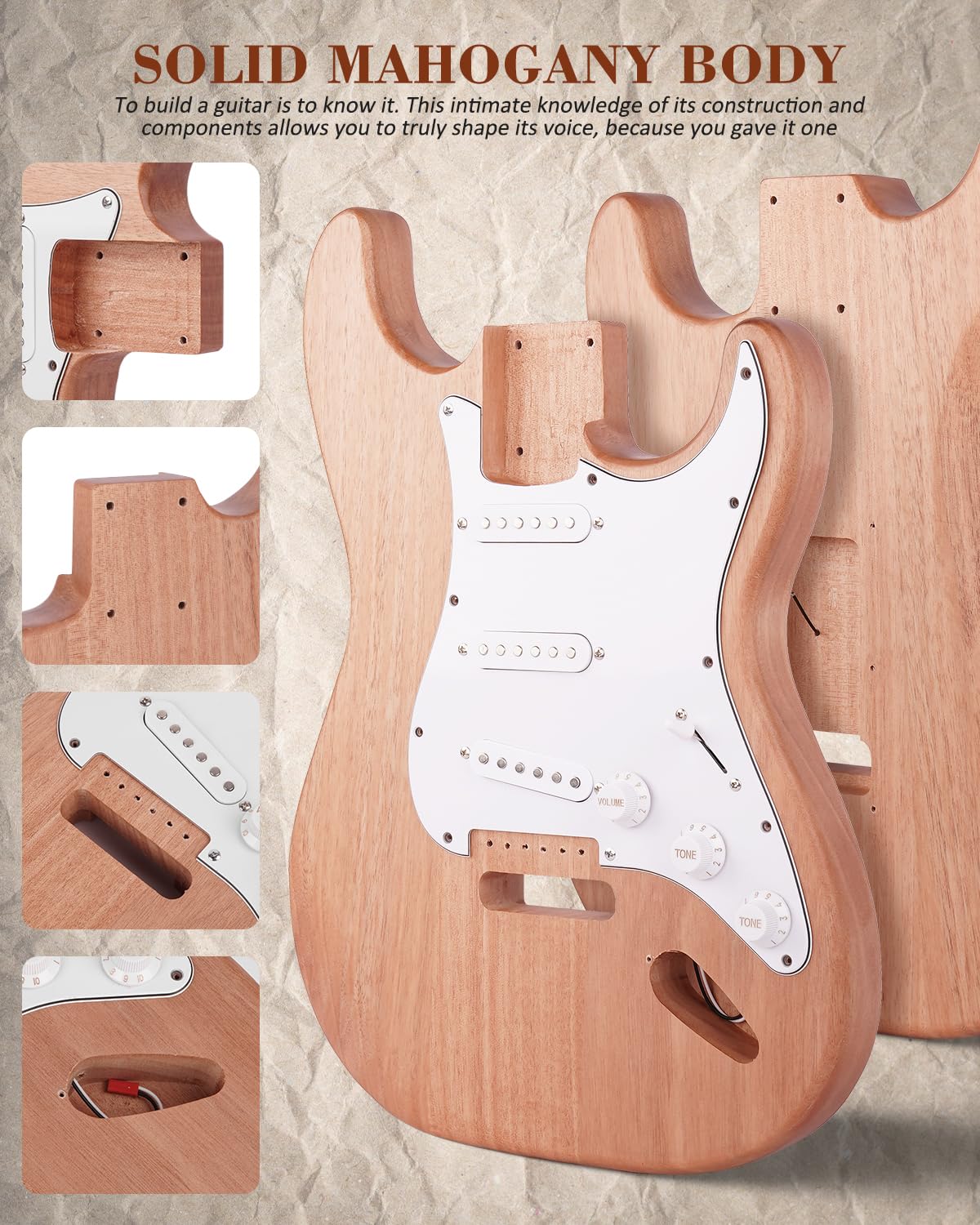 STRICH Kit de guitarra eléctrica de bricolaje, cuerpo de caoba estilo ST y guitarra de cuello de arce con pastillas SSS, kit fácil de montar con todas las piezas incluidas, construye tu propia