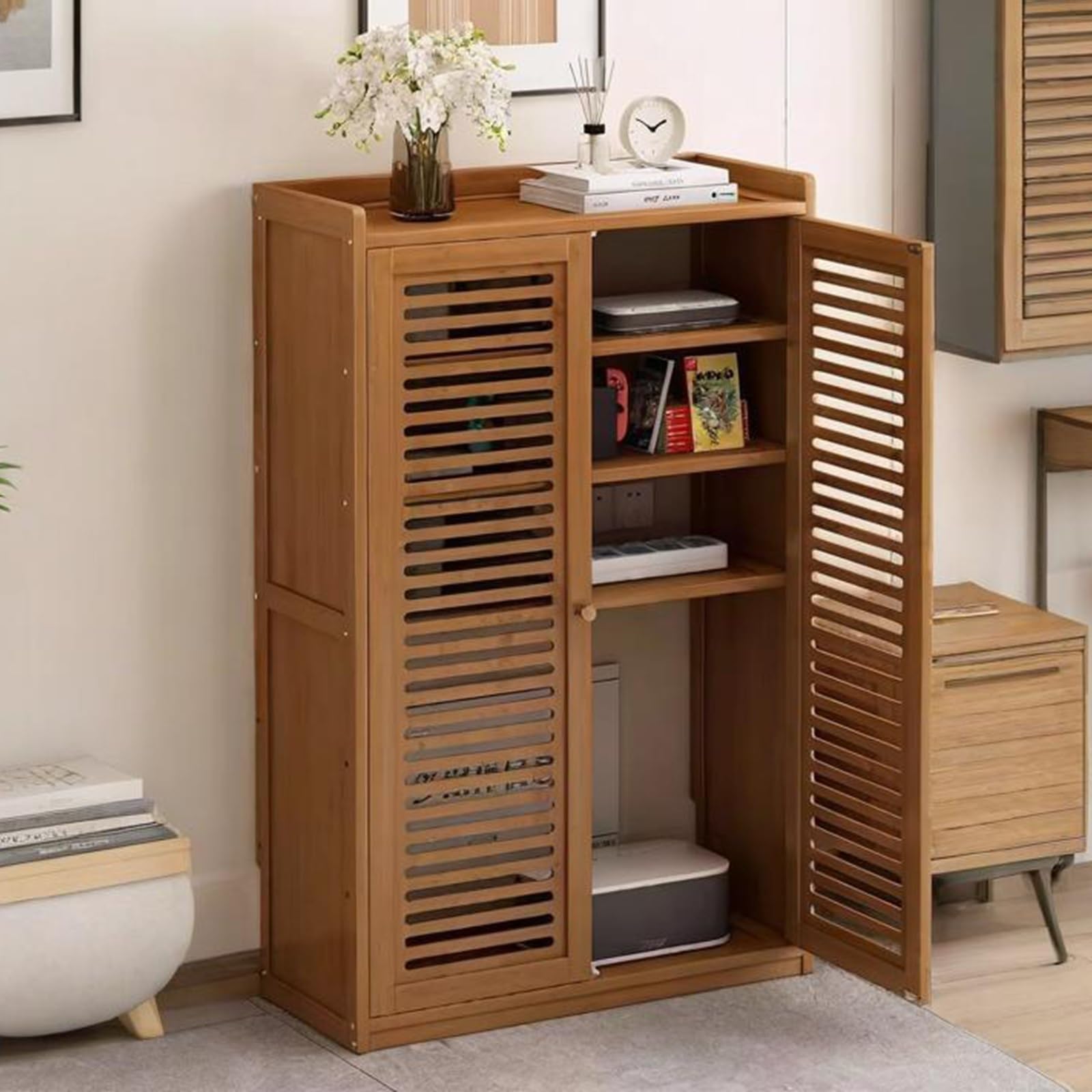 DECAKE Floor Standing Router Storage Cabinet with Multi-Layer Shelves, Invisible WiFi Modem Hider for Home and Office Organization