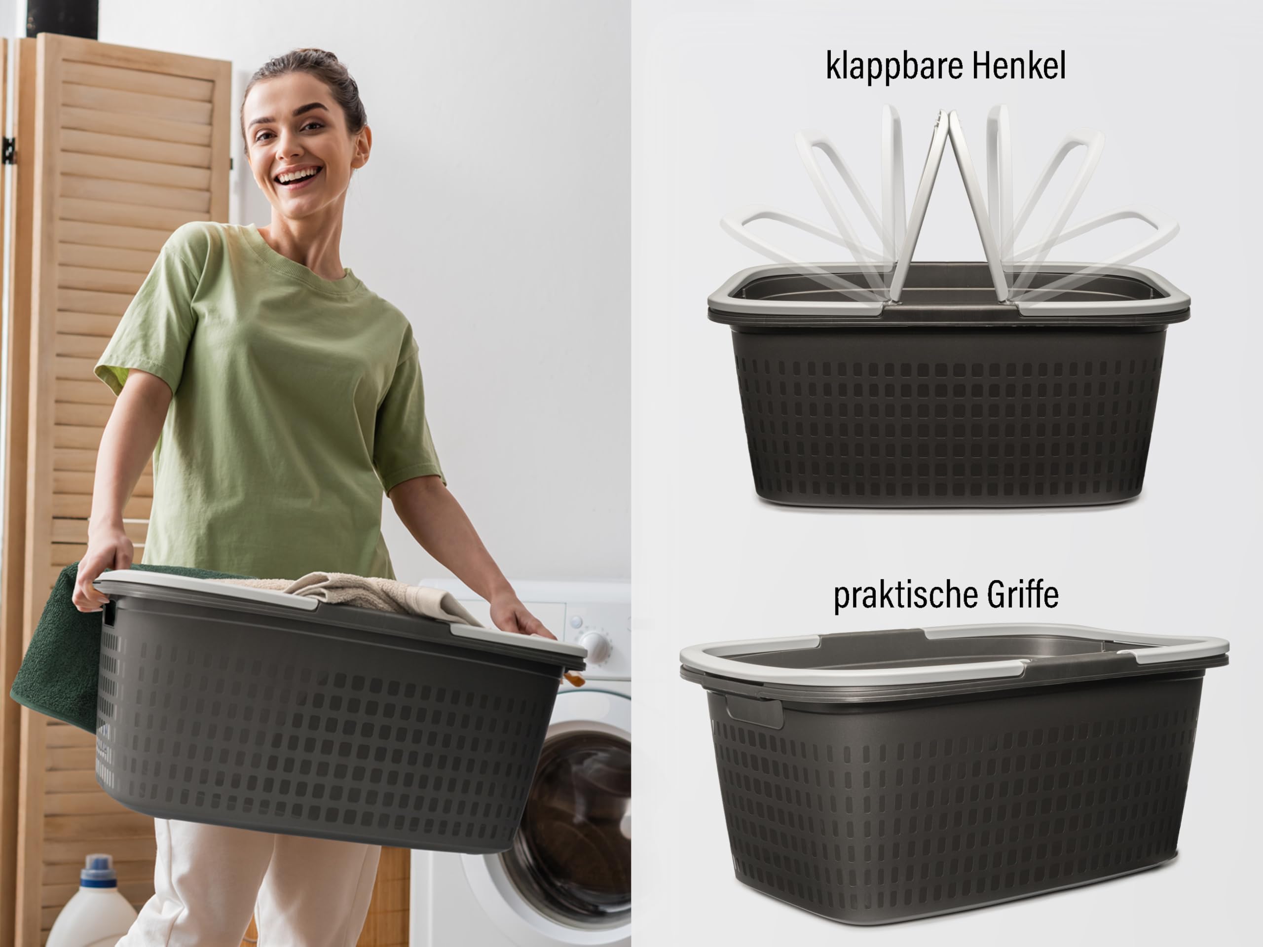 Hausfelder Wäschewanne, 2er Set, 58x37x25cm, Anthrazit-Schwarz