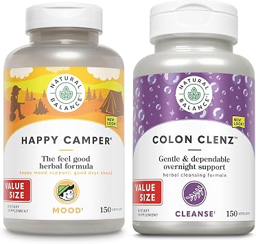 Natural Balance Happy Camper and Colon Clenz Bundle - Feel-Good Mood Support Plus Herbal Colon Cleanse and Detox - 75/150 Servings, 150/150 VegCaps