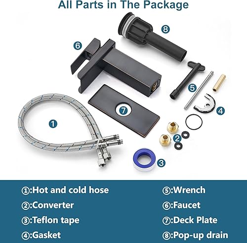 Miniatura 9 de Midanya Grifo de baño de cascada de bronce aceitado con 1 agujero, grifo de lavabo de una sola manija, boquilla de boca ancha con drenaje
