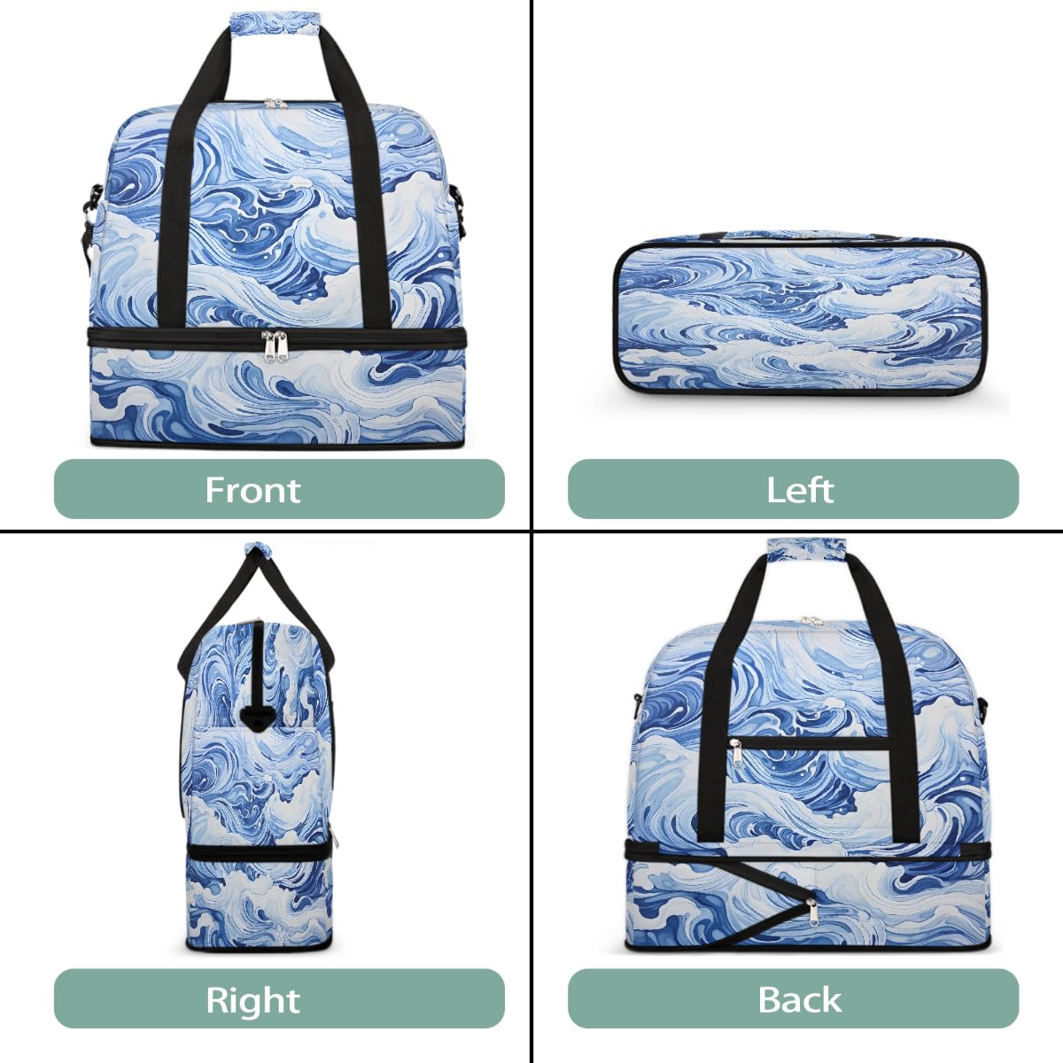 Borsone da viaggio pieghevole con motivo astratto a onde oceaniche, borsa da palestra espandibile con scomparto per scarpe, borsa da weekend di grande capacità, borsa da viaggio per sport, viaggi