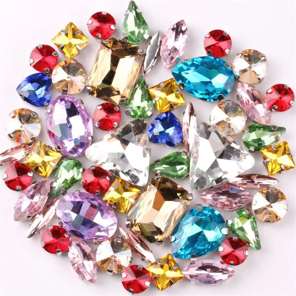 Glass Rhinestones, Sew on Rhinestone Glass Crystals, On Claw Rhinestones Mixed Shapes Multicolor Pack of 50 Pieces(50pcs Jelly Candy Mix)