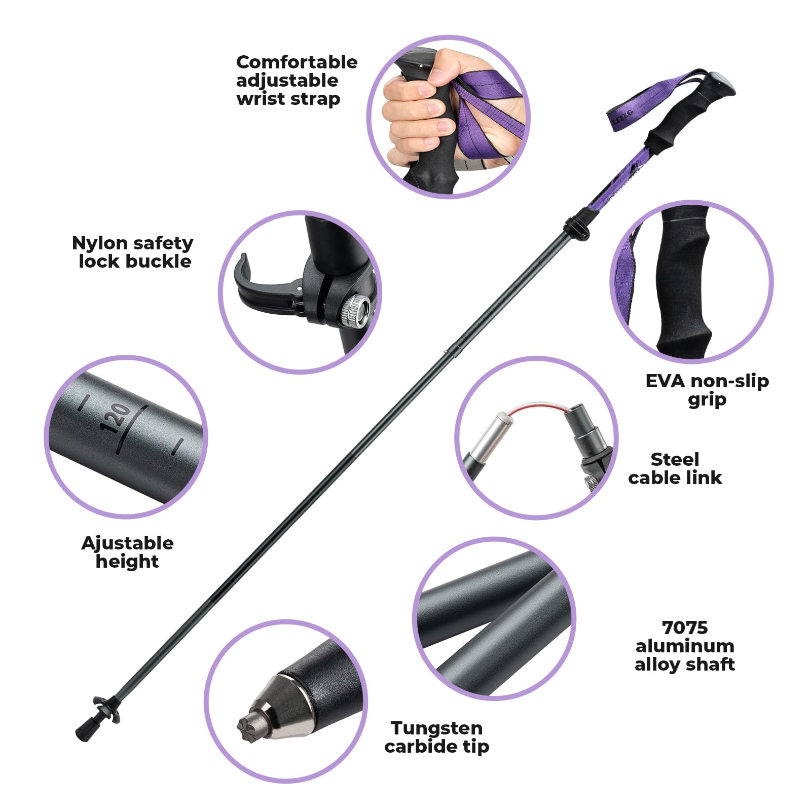 Kije Trekkingowe Lekkie, Składane Kije z Aluminium 7075 110-130 cm dla Kobiet i Mężczyzn, Sprzęt Turystyczny, Wędrówki, Kemping, Wspinaczka Górska, Trekking
