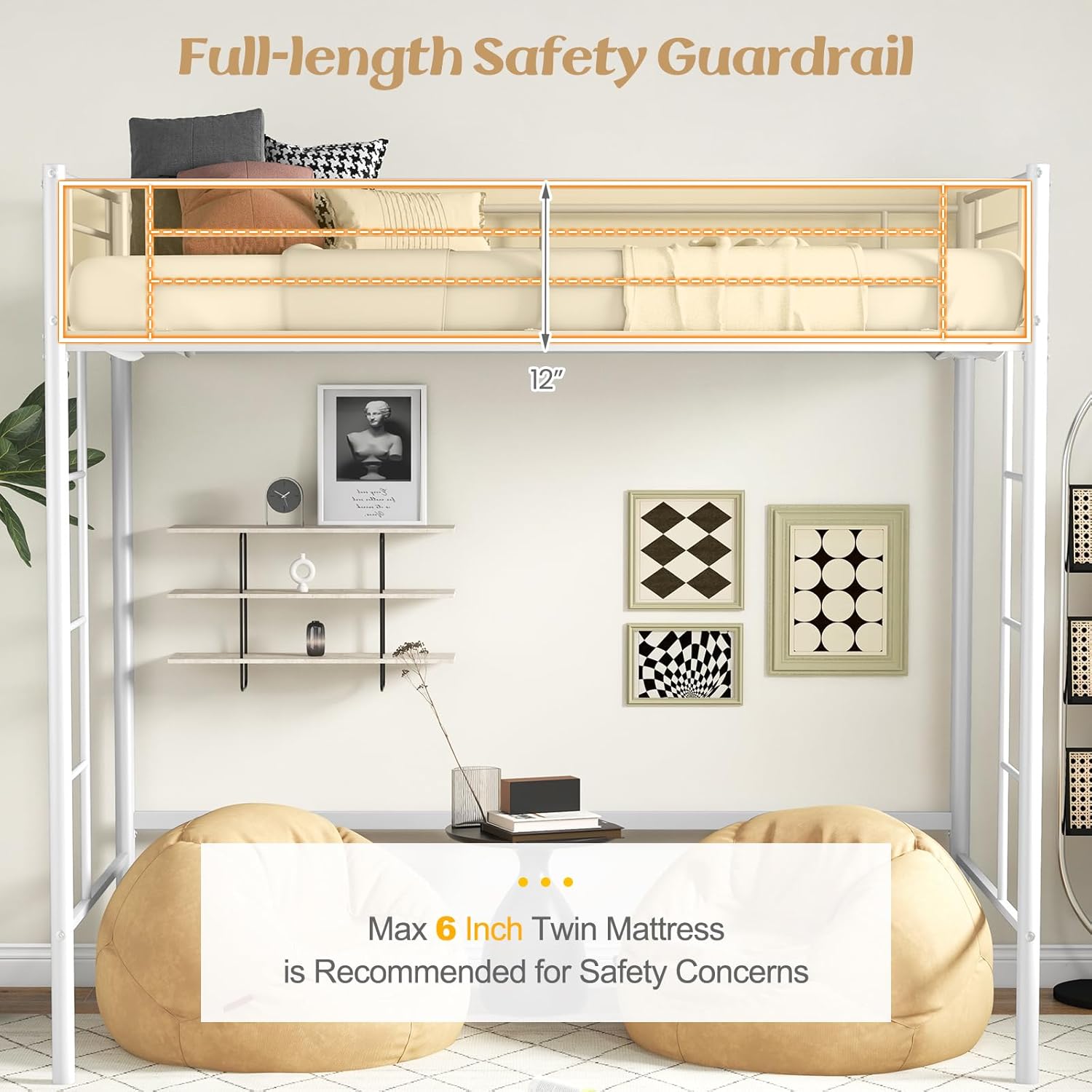 KOMFOTT Metal Twin Loft Bed, Space-Saving Loft Bed Frame with Full-Length Safety Guardrail, Both Side Ladders, Ample Under-Bed Space for Work, Leisure & Storage, No Box Spring Needed