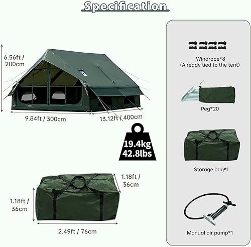 Miniatura 4 de Tienda de campaña inflable con bomba de mano, impermeable, para exteriores, tienda de campaña Oxford para 4 estaciones, con ventanas de malla y