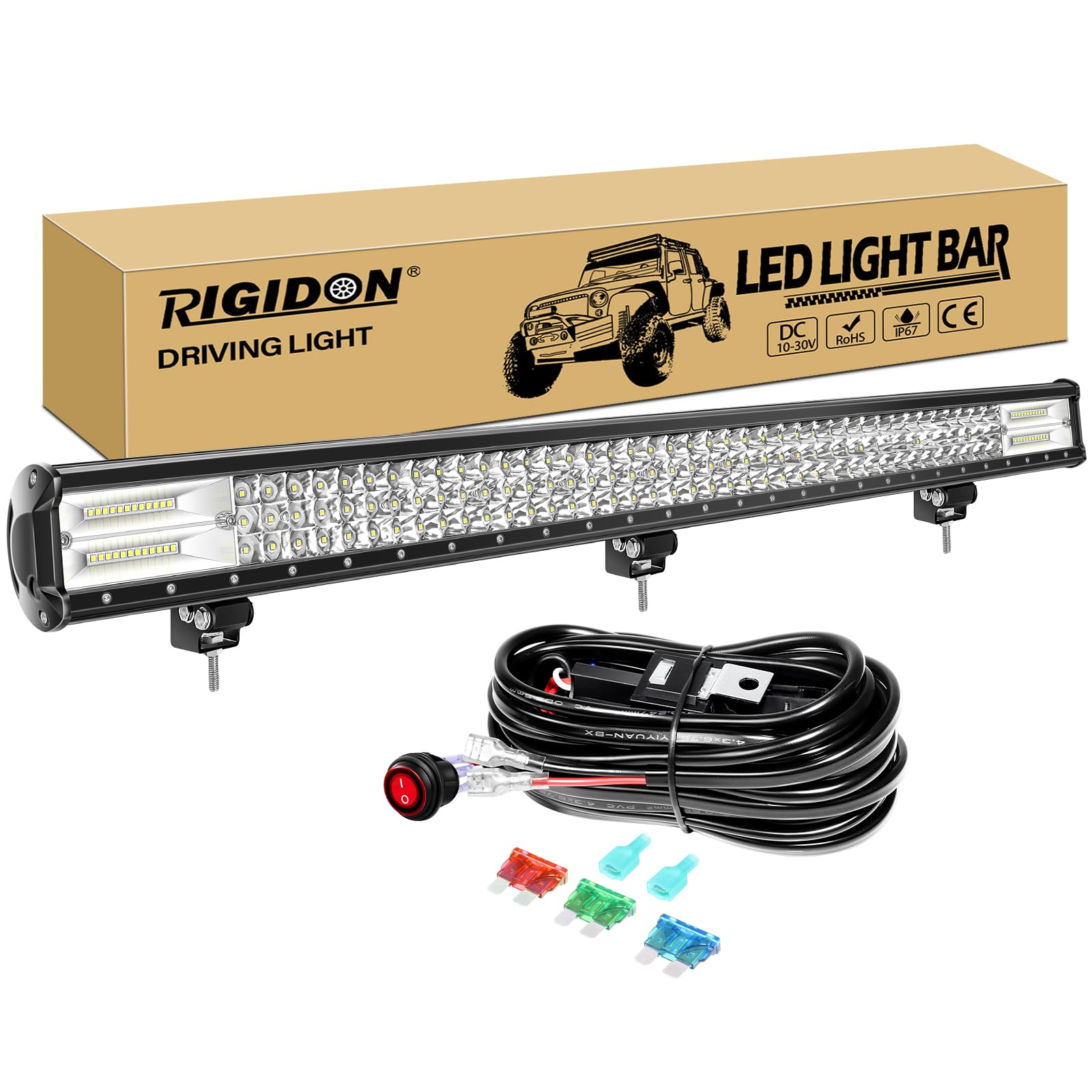 RIGIDON 45 cali 612 W listwa świetlna LED z zestawem kabli wiązki przewodów 12 V, trójrzędowa lampa przeciwmgielna 7D do samochodów terenowych, ciężarówek, SUV-ów, ATV 4 x 4, wiązka punktowa