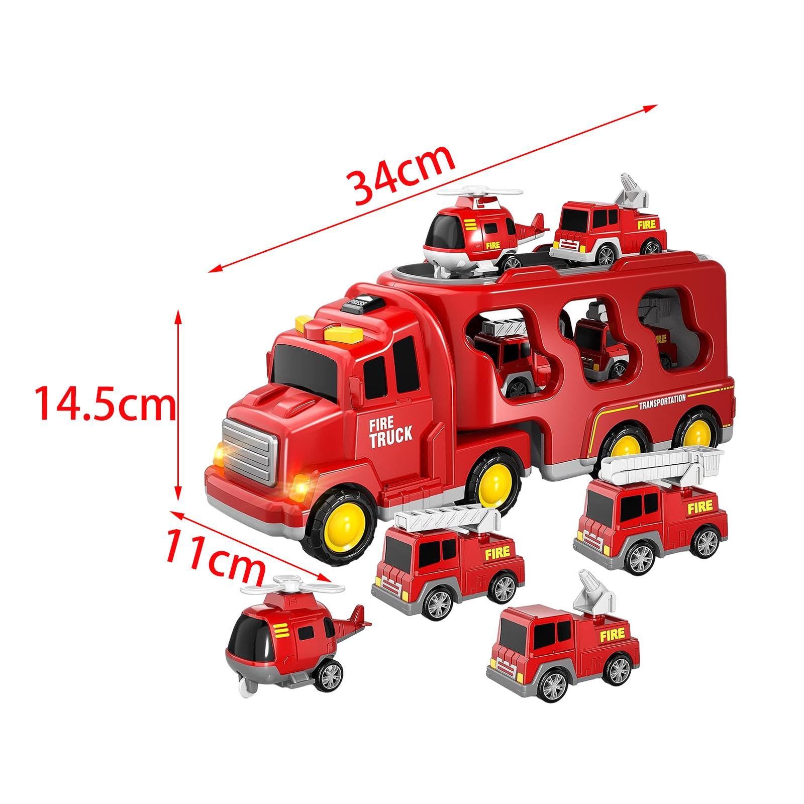 7 Stück Feuerwehrauto Spielzeug Set Mini Diecast Autos Transporter Friktionsgetrieben mit Licht Musik Notfallfahrzeug Aufbewahrung für Geschenk Frühes, Rot