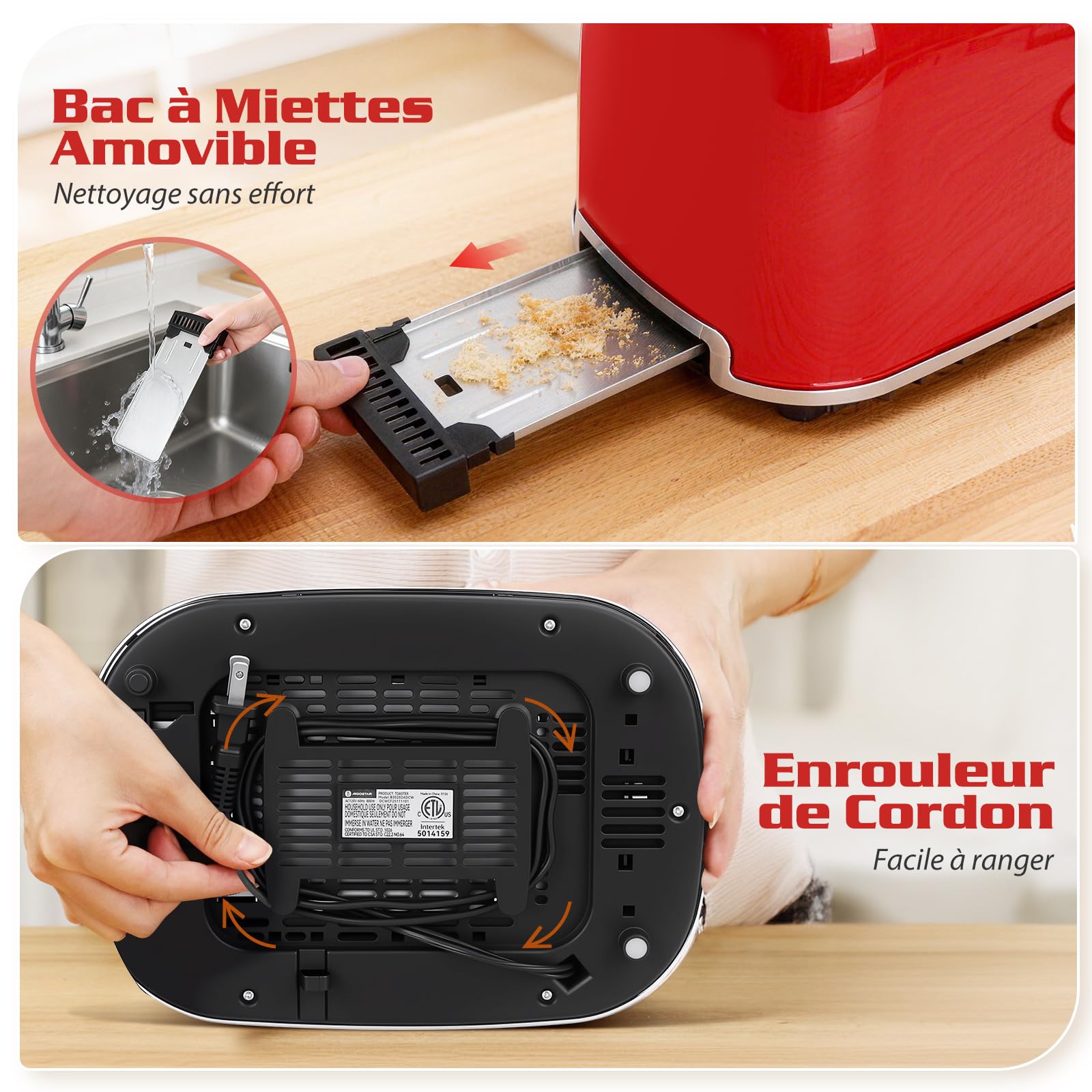 Aigostar Grille Pain, 2 Fentes Extra-Larges, Vintage Inox Rouge, Fonction Bagel/Décongélation/Réchauffage/Annulation, 6 Niveaux de Dorage, Tiroir Ramasse-Miettes Amovible, 800W