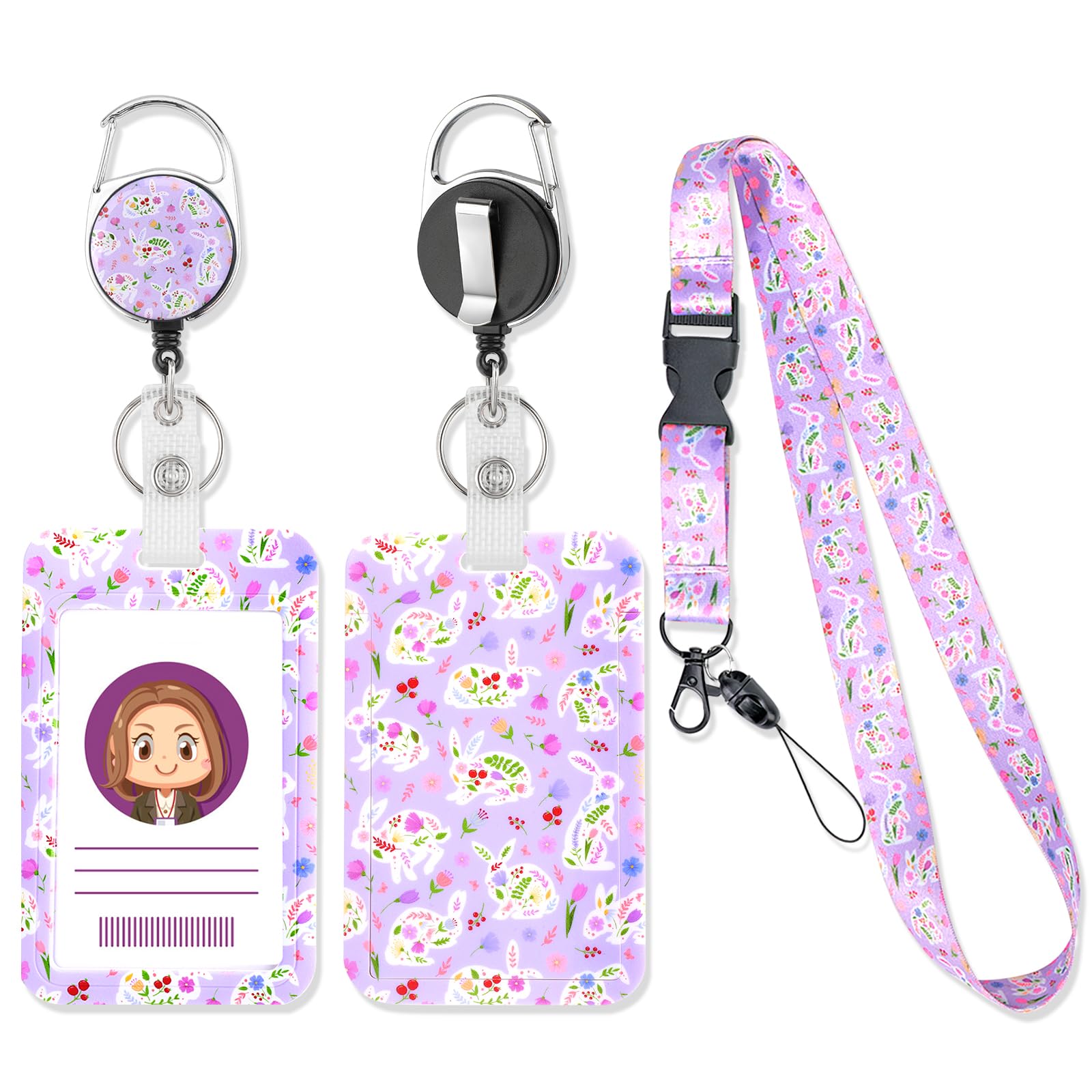 Floral Badge Holder with Lanyard, Cute Bunny Flower Badge Reel ID Card Holder Easter Breakaway Lanyard Name Tag Card Protector for Teacher Student Nurse Women Kids Office Gifts