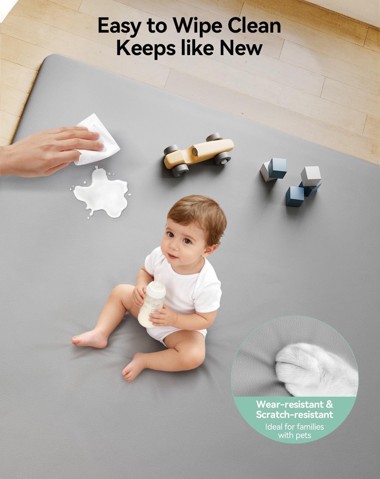 COMOMY Pelle Vegana Tappeto Gioco Bambini, 127x127x3 cm Extra Spesso e Morbido Tappeto Neonato, Impermeabile e Non Tossico Tappeto Tummy Time Neonati, Tappetino per Box Bambini, Grigio