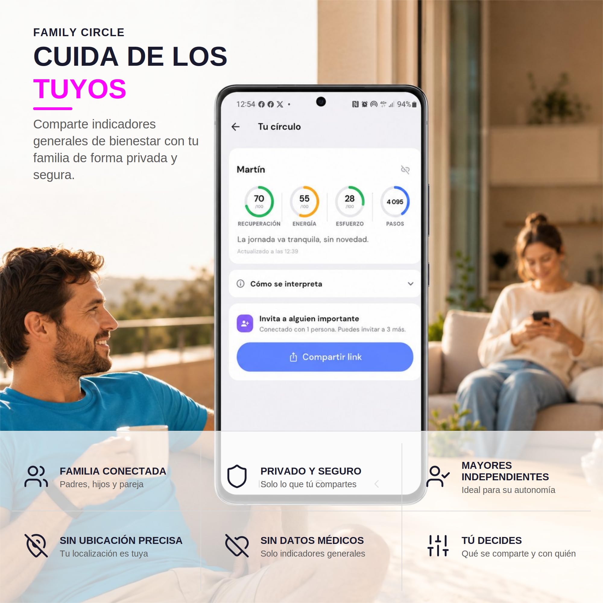 Sense Smart Band sin Pantalla Hombre Mujer, Diseñada en España, Coach IA, Monitor Sueño y Energía, Frecuencia Cardíaca 24/7 HRV SPO₂, IP68, +45 Días Batería, Sin Suscripción, Negro