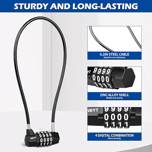 Miniatura 2 de Cerraduras de cable con combinación, cable de acero con cerradura de combinación de 4 dígitos con código reiniciable para bicicletas, taquillas,