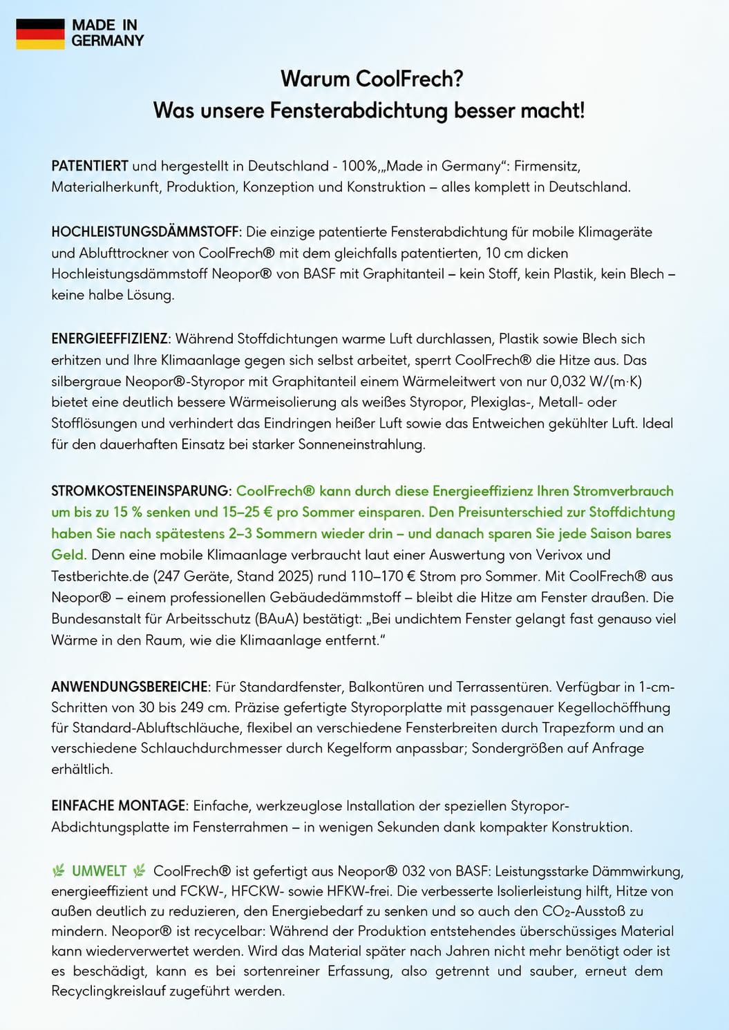 Fensterabdichtung 30-249 cm für mobile Klimaanlage und Ablufttrockner, schnelle Montage ohne Bohren