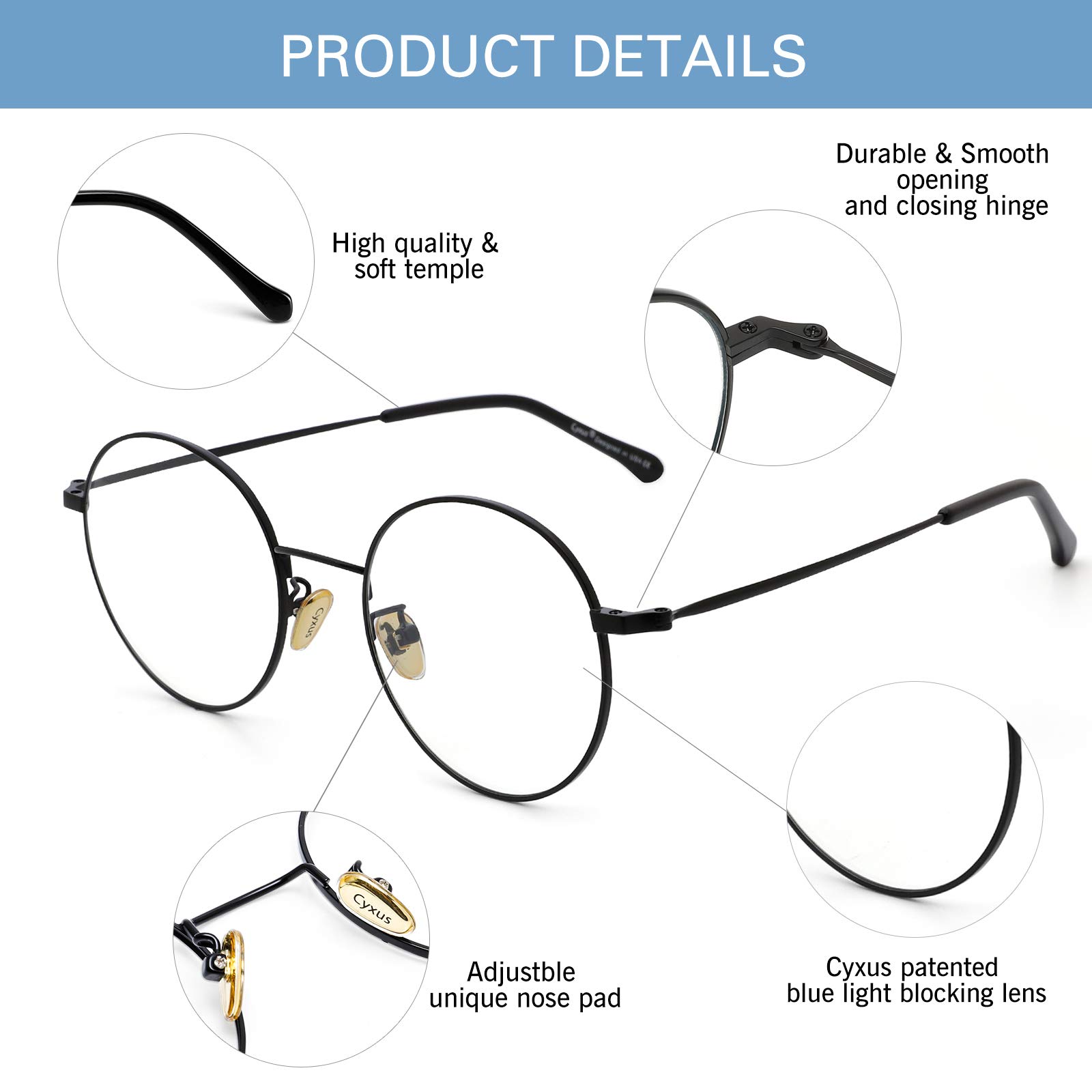 Cyxus Gafas Luz Azul Hombre Mujer Ligero Gafas De Ordenador Retro Gafas Anti Dolor De Cabeza Fatiga De Los Ojos 402B045, negro mate, M