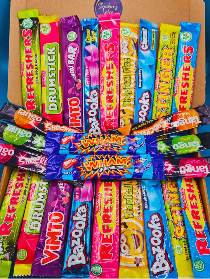 Chew Bars Sweets Gift Box 26 Chewy Bars Bundle With Vimto Wham Refreshers Tango & Drumsticks | Sour Fruity Fizzy Chews Letterbox Friendly Sweet Selection from Strawberry Ledge