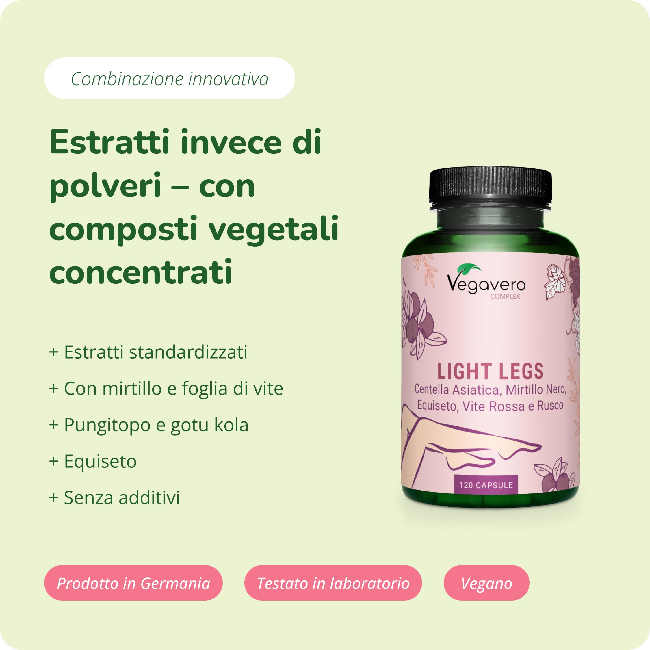 Vegavero Circolazione Gambe | 120 capsule | 100% NATURALE con Centella Asiatica, Mirtillo Nero, Equiseto, Vite Rossa e Rusco | Integratore per Pesantezza, Microcircolo e Capillari | Vegan