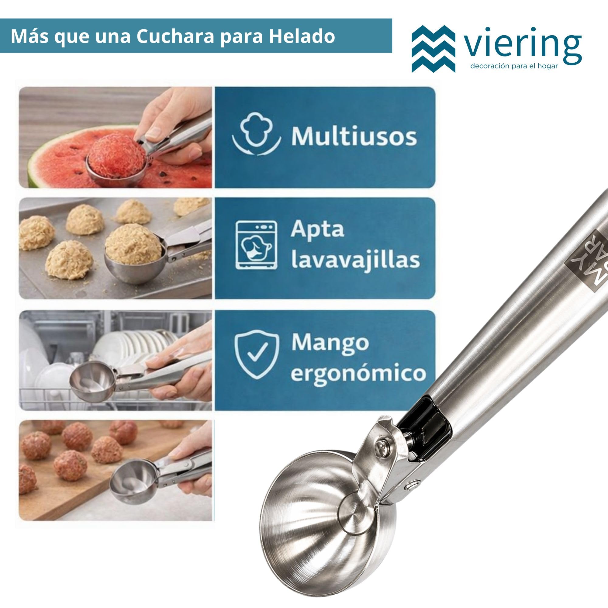 Cuchara de Helado con Gatillo – Acero Inoxidable 18/10, 18 cm, Bola 4,9 cm – Sacabolas para Helado, Melón, Albóndigas y Masa – Mango Ergonómico, Antiadherente y Apta Lavavajillas